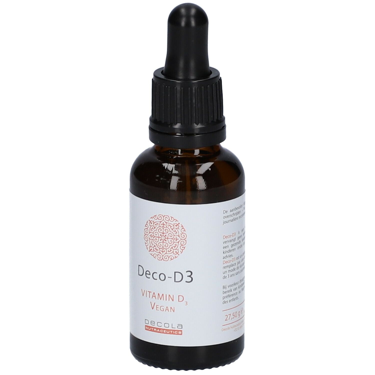 Bruine glazen fles met zwarte dop en pipet. Etiket met "Deco-D3", "Vitamin D3, Vegan". 27,5g.