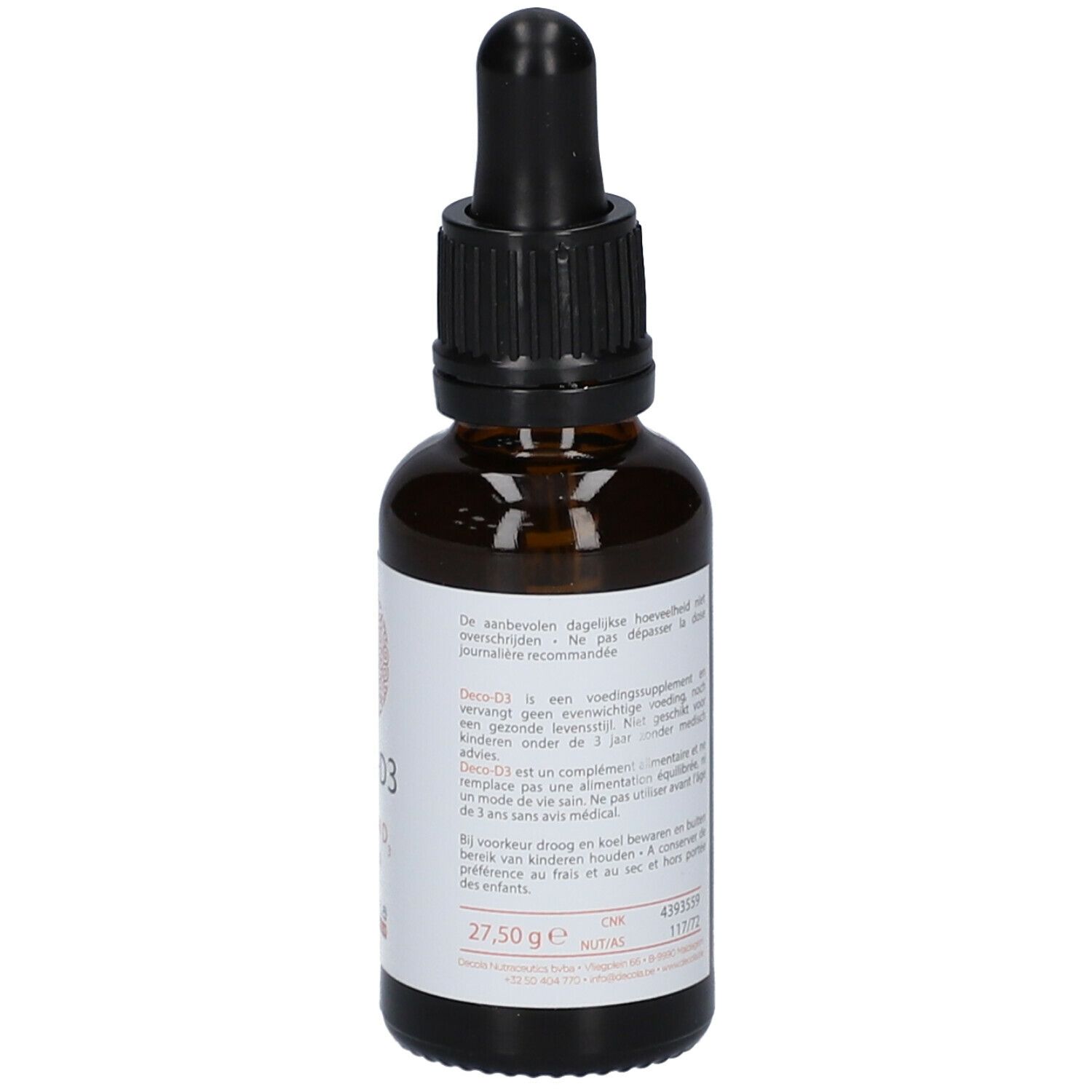 Bruine glazen fles met zwarte dop en pipet. Etiket met ingrediënten en dosering. 27,5g.