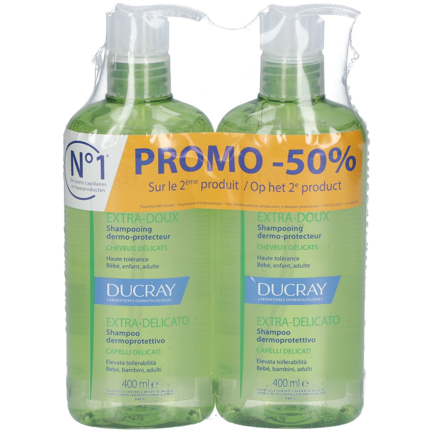 Deux flacons de shampooing verts avec pompe, emballés. Inscription : "PROMO -50%", "EXTRA-DOUX", "DUCRAY".