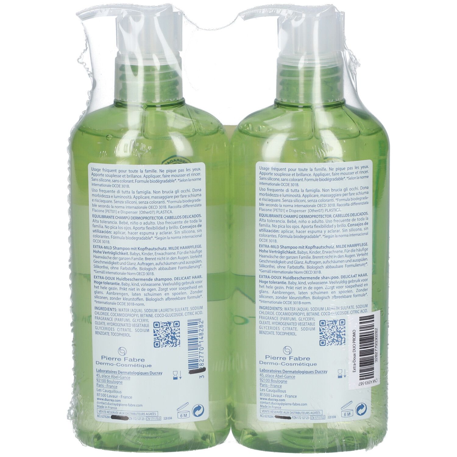 Vue arrière de deux flacons de shampooing avec pompe. Emballés. Étiquettes avec texte et codes QR.