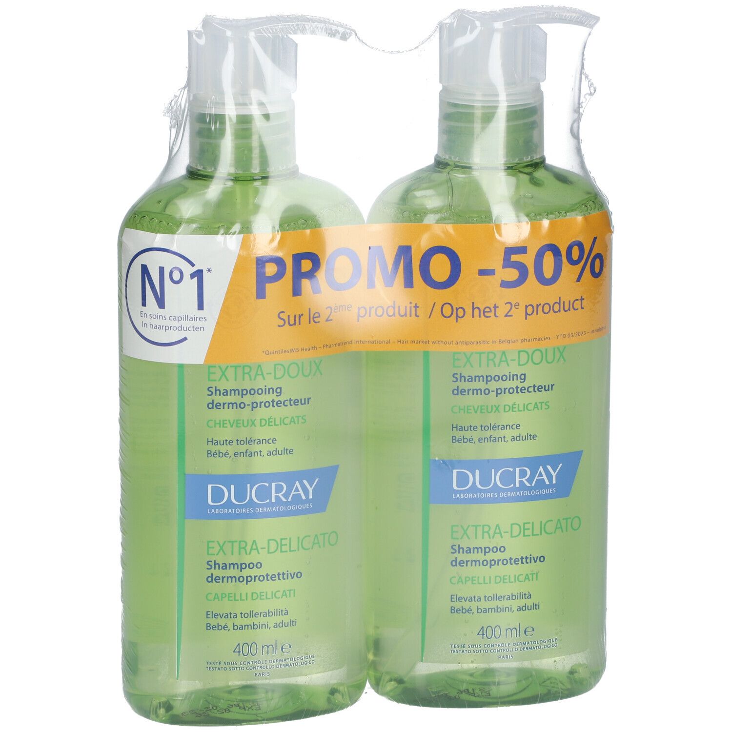 Deux flacons de shampooing verts avec pompe, emballés. Inscription : "PROMO -50%", "EXTRA-DOUX", "DUCRAY".