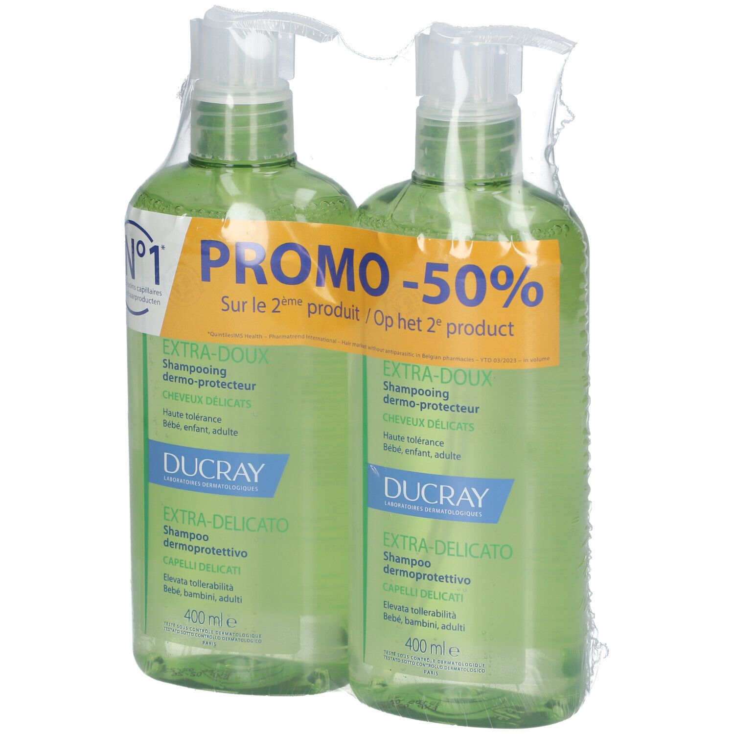 Deux flacons de shampooing verts avec pompe, emballés. Inscription : "PROMO -50%", "EXTRA-DOUX", "DUCRAY".