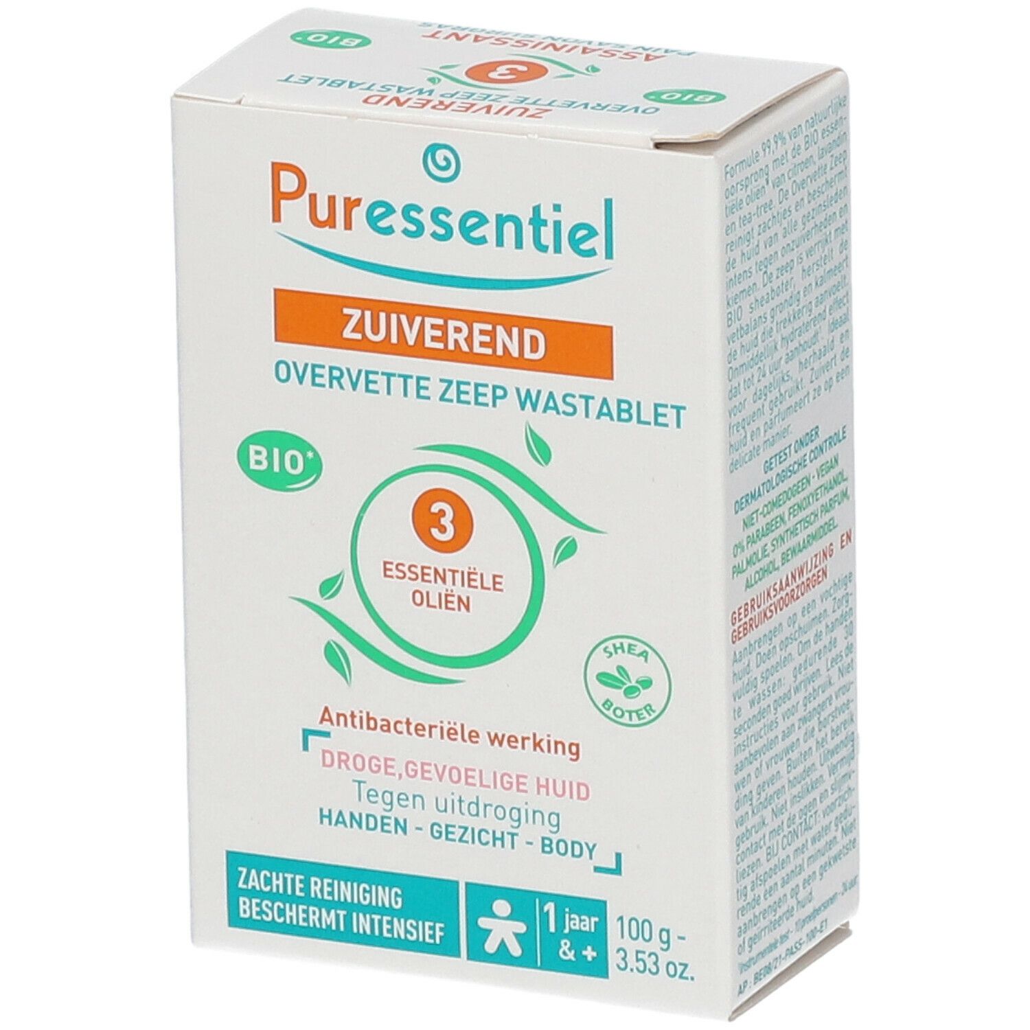 Kartonnen doos met productinformatie. Opschrift: 'Puressentiel', 'ZUI VEREND', 'OVERVETTE ZEEP WASTABLET'. Bio-certificering.