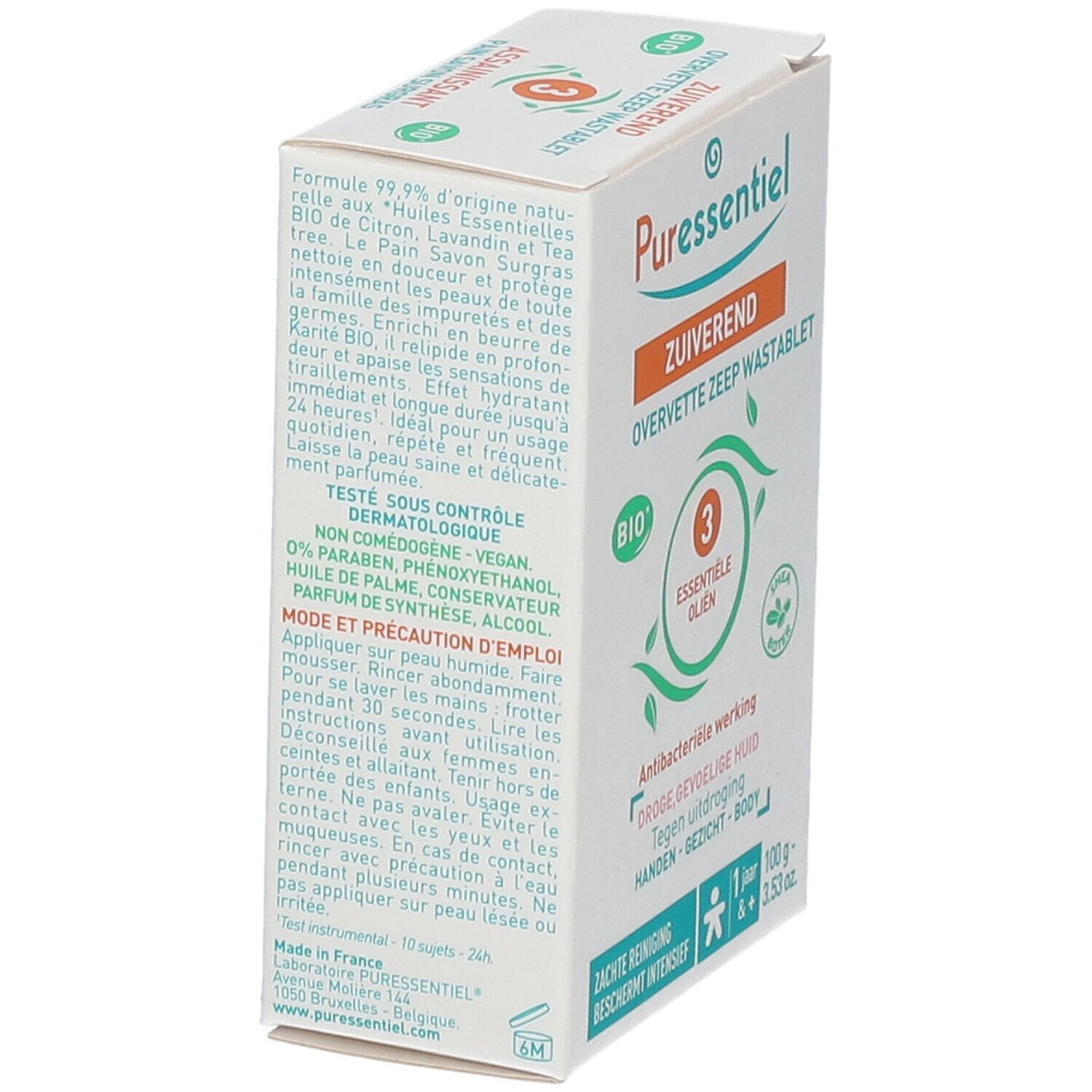 Kartonnen doos met productinformatie. Opschrift: 'Puressentiel', 'ZUI VEREND', 'OVERVETTE ZEEP WASTABLET'. Bio-certificering.