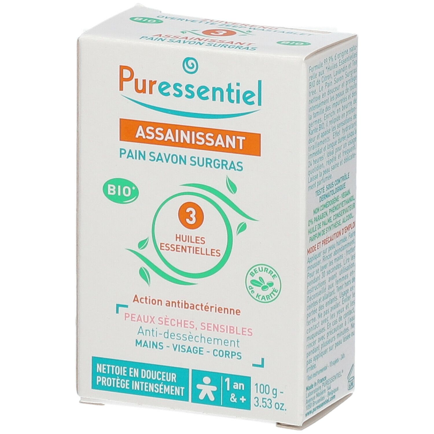 Kartonnen doos met productinformatie. Opschrift: 'Puressentiel', 'ASSAINISSANT', 'PAIN SAVON SURGRAS'. Bio-certificering.