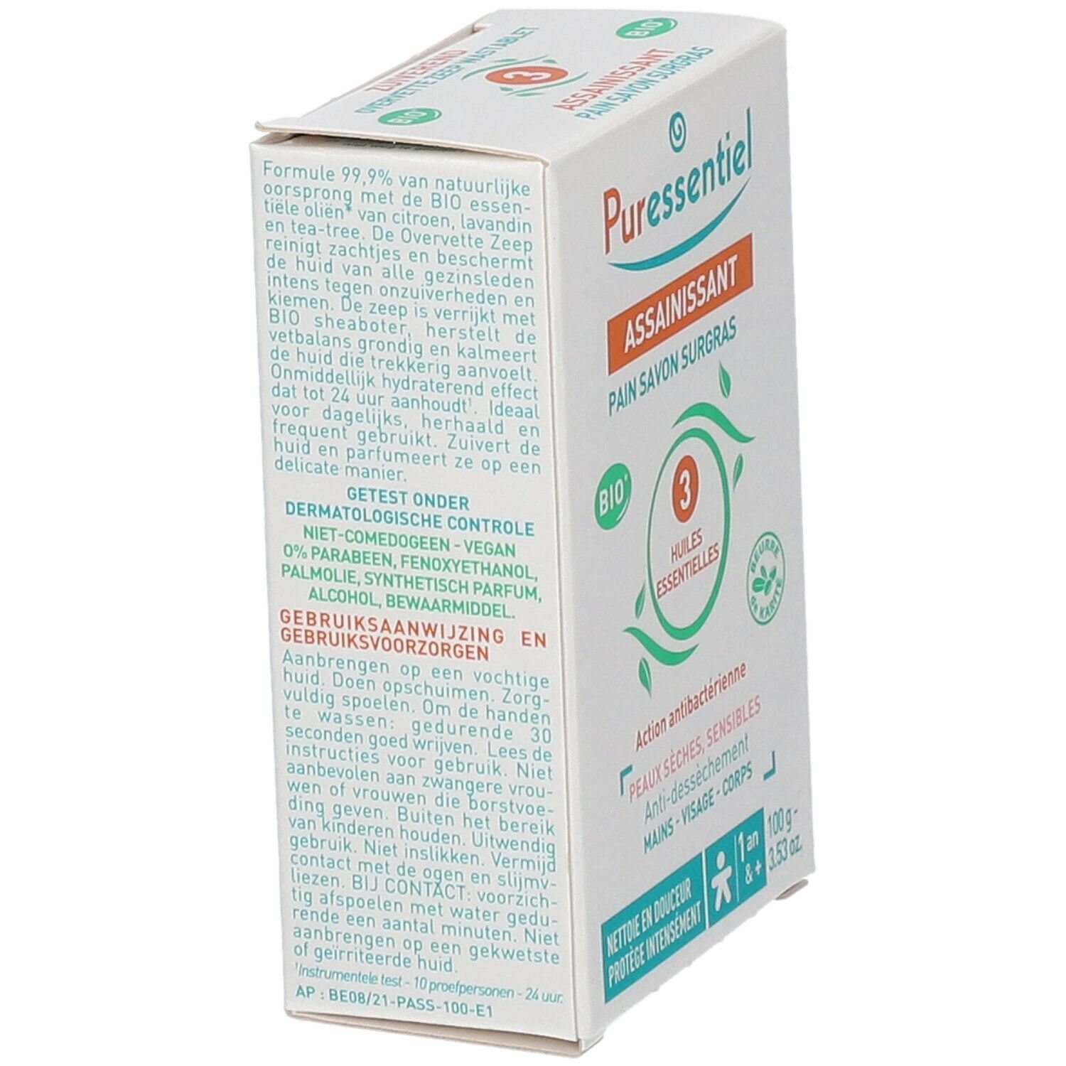 Kartonnen doos met productinformatie. Opschrift: 'Puressentiel', 'ASSAINISSANT', 'PAIN SAVON SURGRAS'. Bio-certificering.