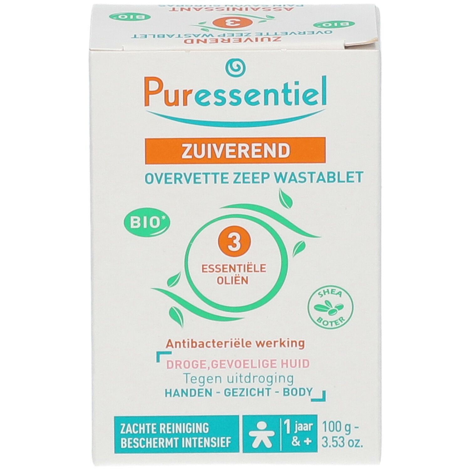 Kartonnen doos met productinformatie. Opschrift: 'Puressentiel', 'ZUI VEREND', 'OVERVETTE ZEEP WASTABLET'. Bio-certificering.
