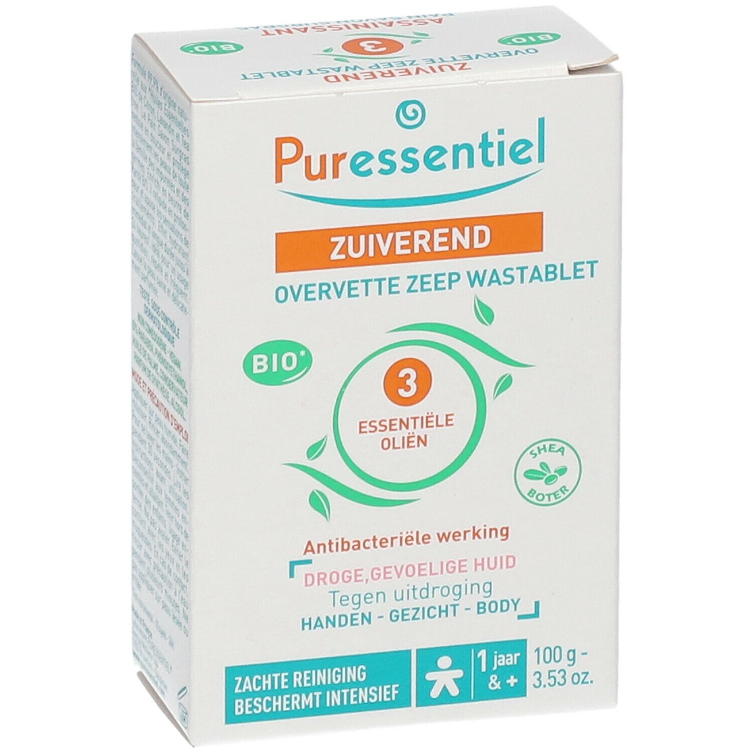 Kartonnen doos met productinformatie. Opschrift: 'Puressentiel', 'ZUI VEREND', 'OVERVETTE ZEEP WASTABLET'. Bio-certificering.