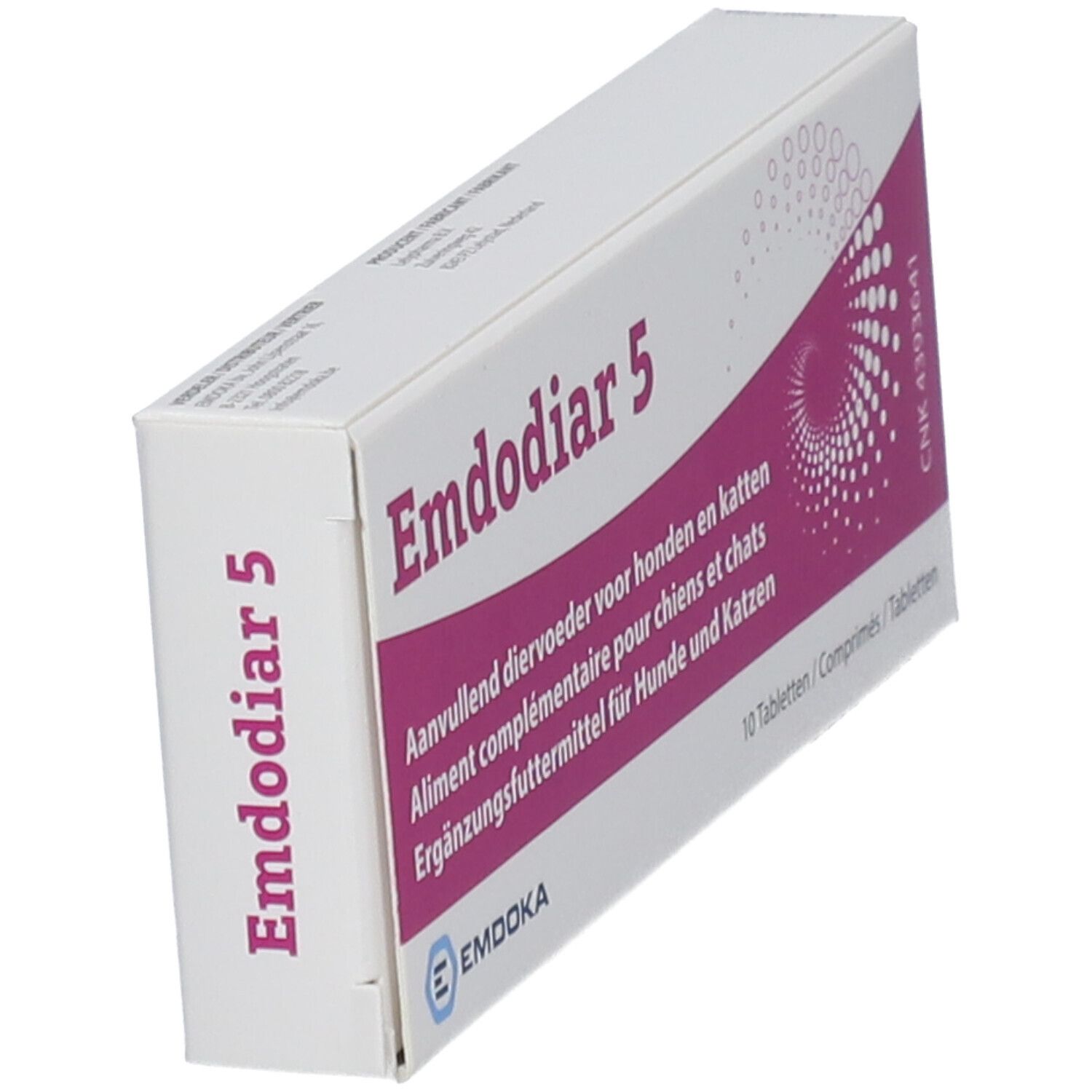 Schräg stehende weiße Schachtel mit lila Akzenten. Aufschrift "Emdodiar 5". Mehrsprachiger Text.