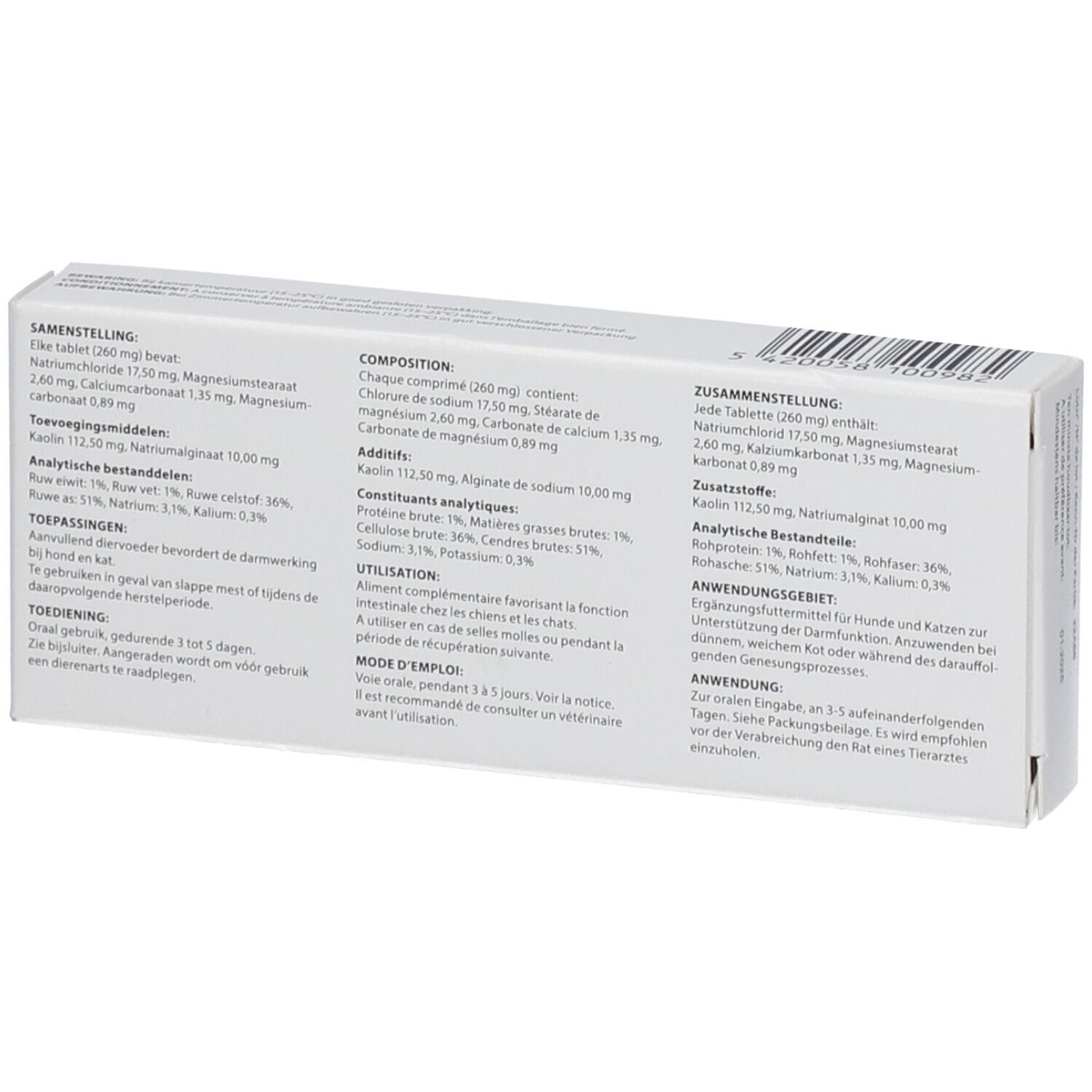 Rückseite der weißen Schachtel. Text in mehreren Sprachen. Auflistung der Inhaltsstoffe und Anwendung.