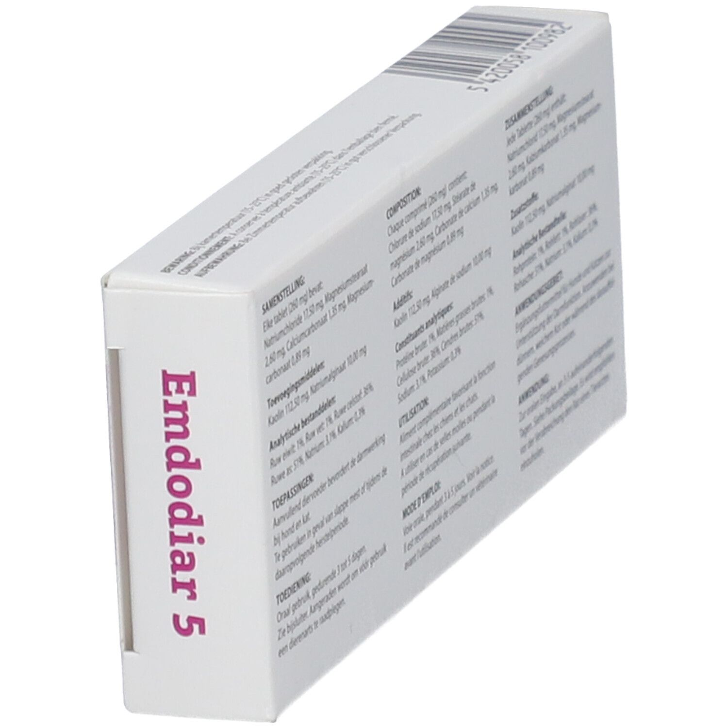 Schräg stehende Rückseite der weißen Schachtel. Text in mehreren Sprachen. Inhaltsstoffe und Anwendung.