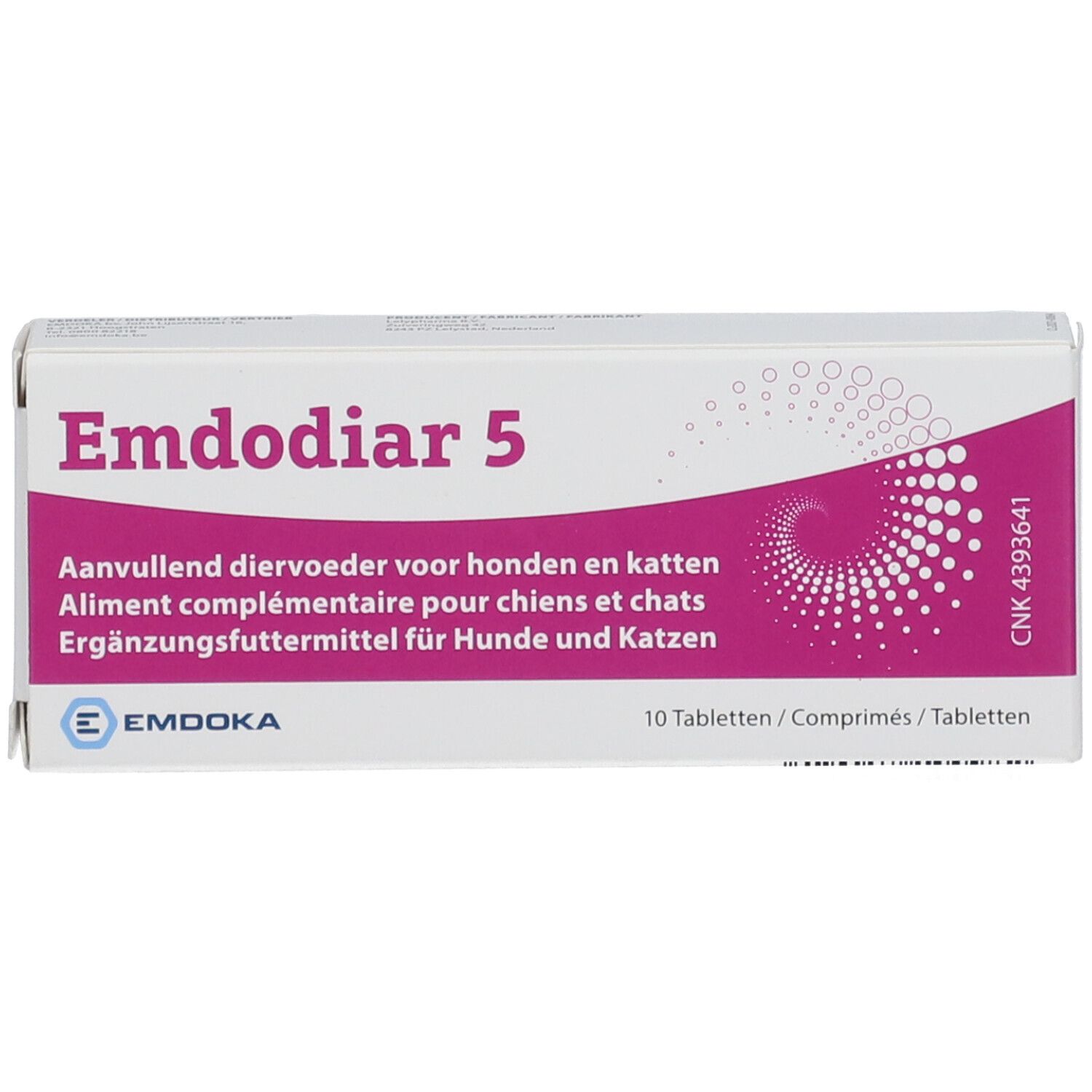 Weiße Schachtel mit lila Akzenten. Aufschrift "Emdodiar 5". Text in mehreren Sprachen. 10 Tabletten.
