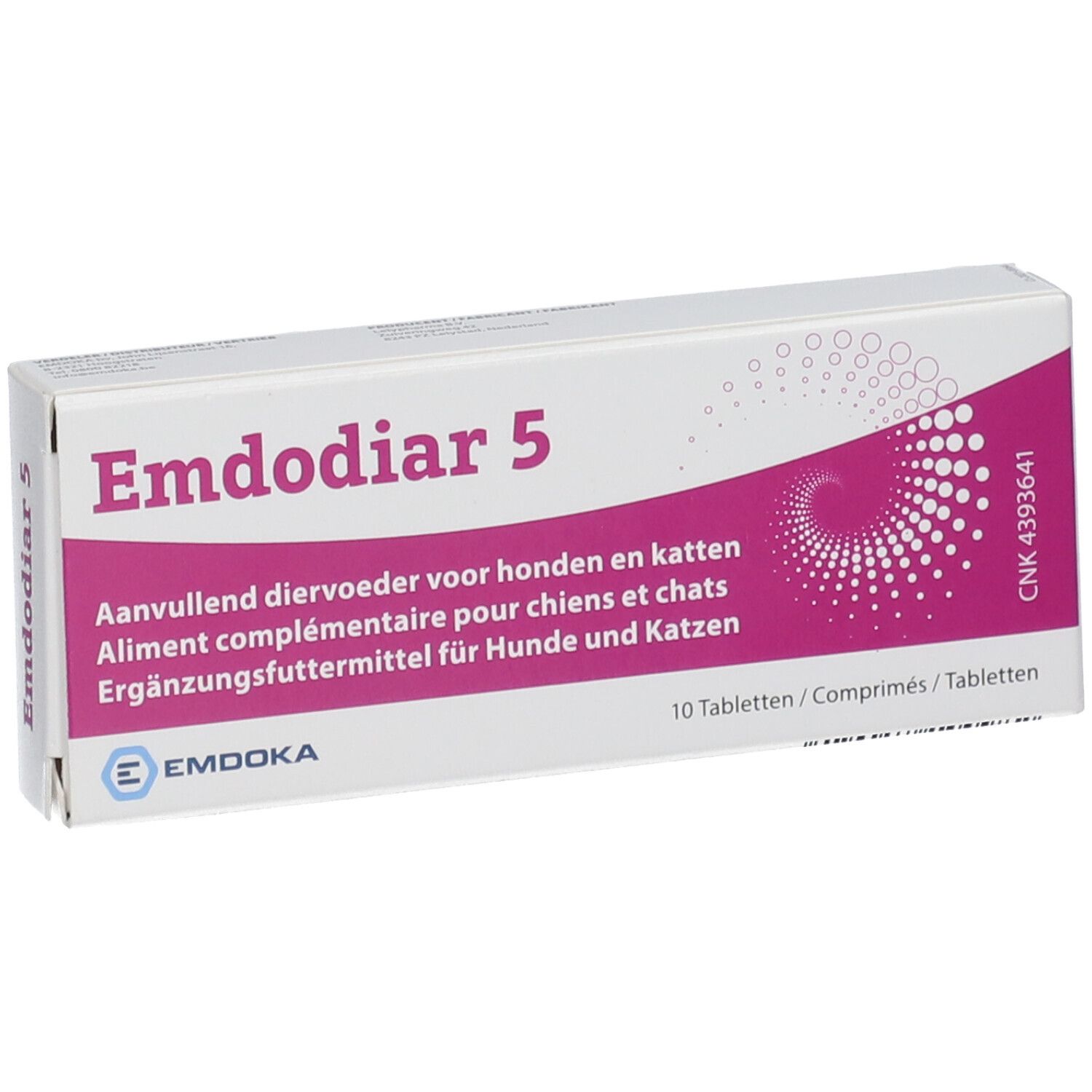 Weiße Schachtel mit lila Akzenten. Aufschrift "Emdodiar 5". Text in mehreren Sprachen. 10 Tabletten.