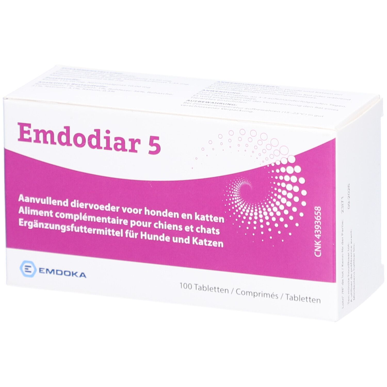 Witte doos met paarse accenten. Opschrift "Emdodiar 5". Bevat 100 tabletten. Voor honden en katten.