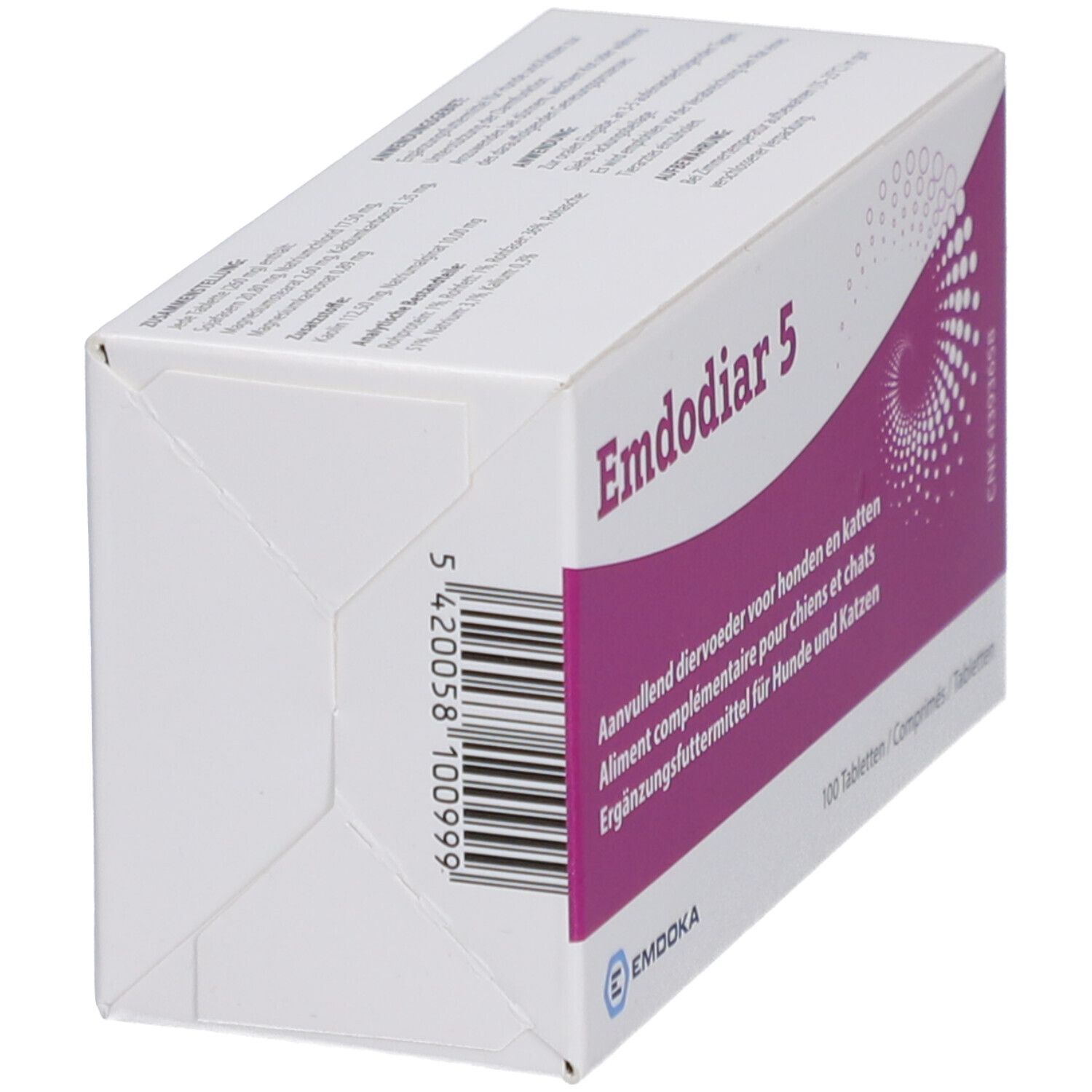 Schuine witte doos met paarse accenten. Opschrift "Emdodiar 5". Voor honden en katten.