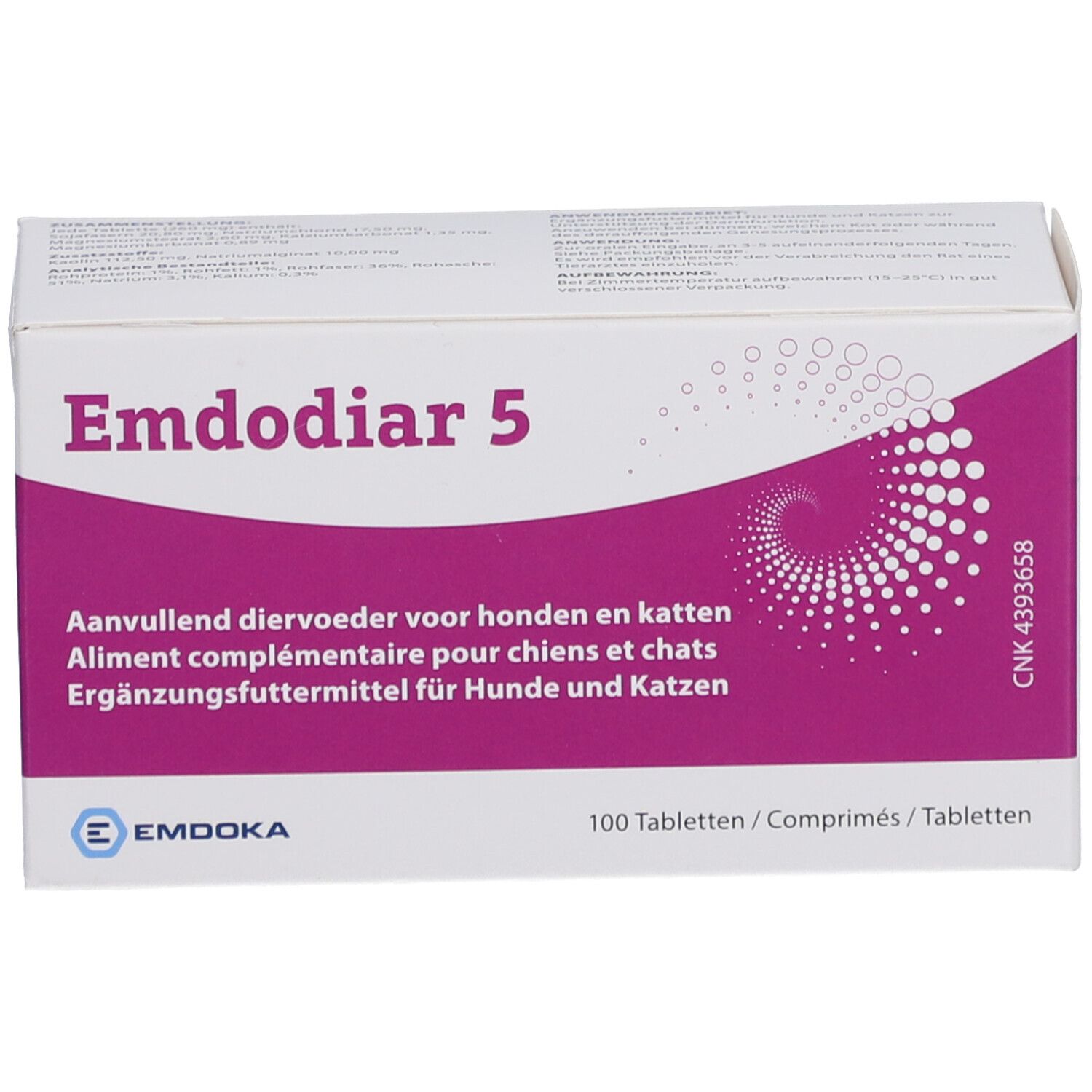 Witte doos met paarse accenten. Opschrift "Emdodiar 5". Voor honden en katten. 100 tabletten.