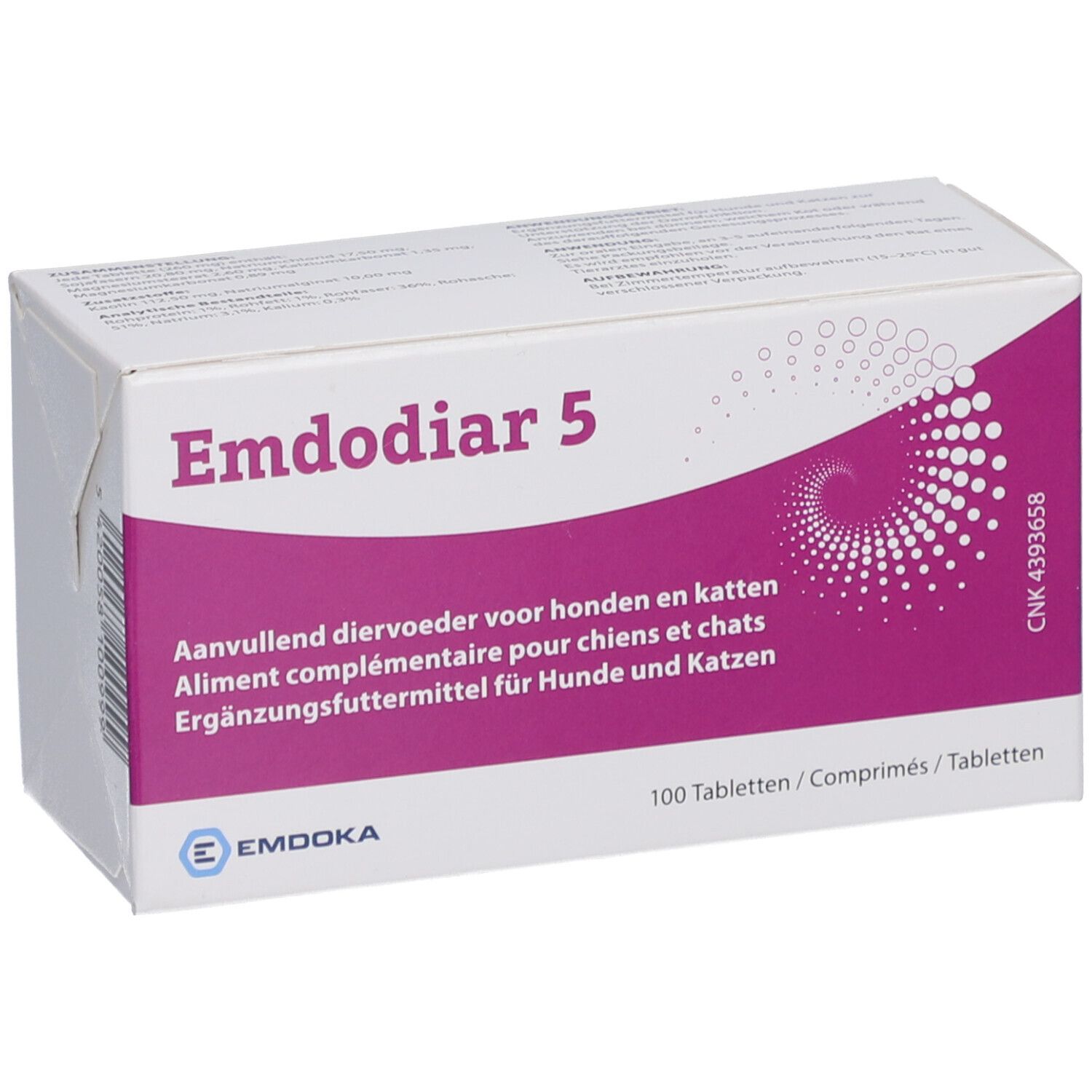 Witte doos met paarse accenten. Opschrift "Emdodiar 5". Voor honden en katten. 100 tabletten.