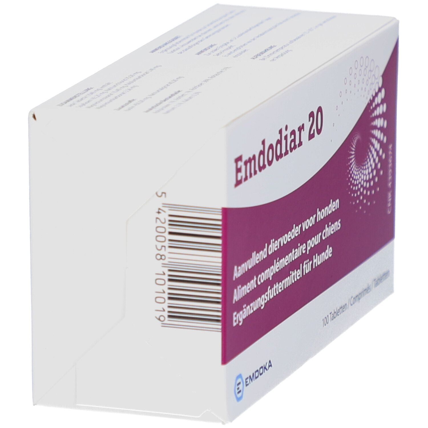 Weiße Verpackung, schräg von der Seite gesehen. Aufdruck: Emdodiar 20. Barcode und Text in mehreren Sprachen.