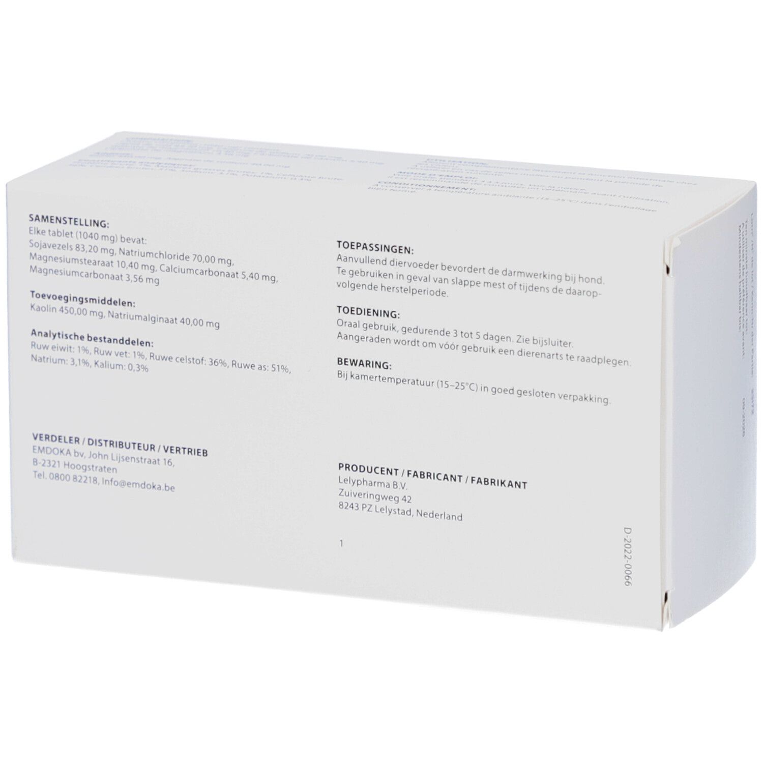 Rückseite der weißen Verpackung. Text in mehreren Sprachen. Angaben zu Inhaltsstoffen, Anwendung, Dosierung und Lagerung.