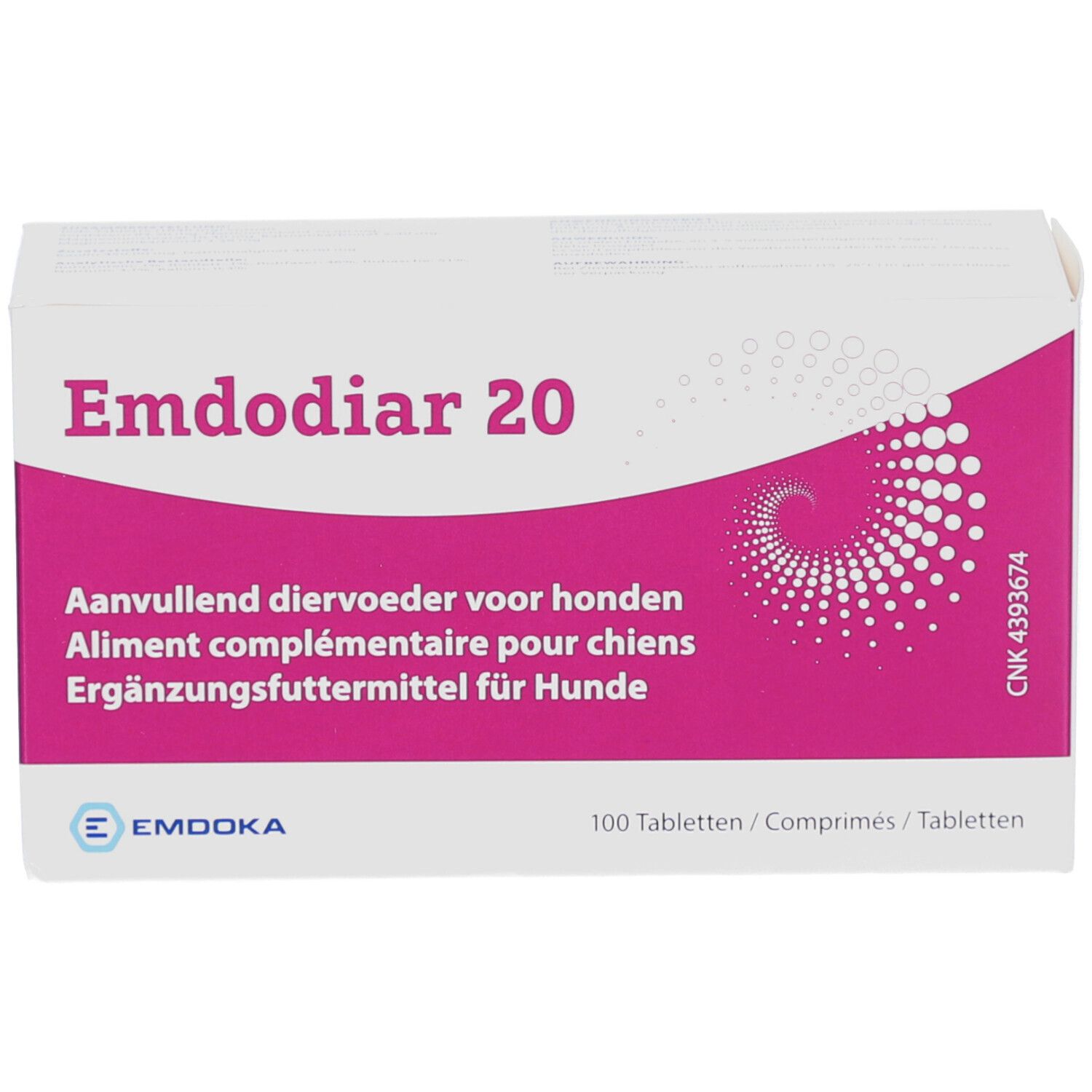 Weiße rechteckige Verpackung mit lila Akzent. Aufschrift: Emdodiar 20. Ergänzungsfuttermittel für Hunde. 100 Tabletten.