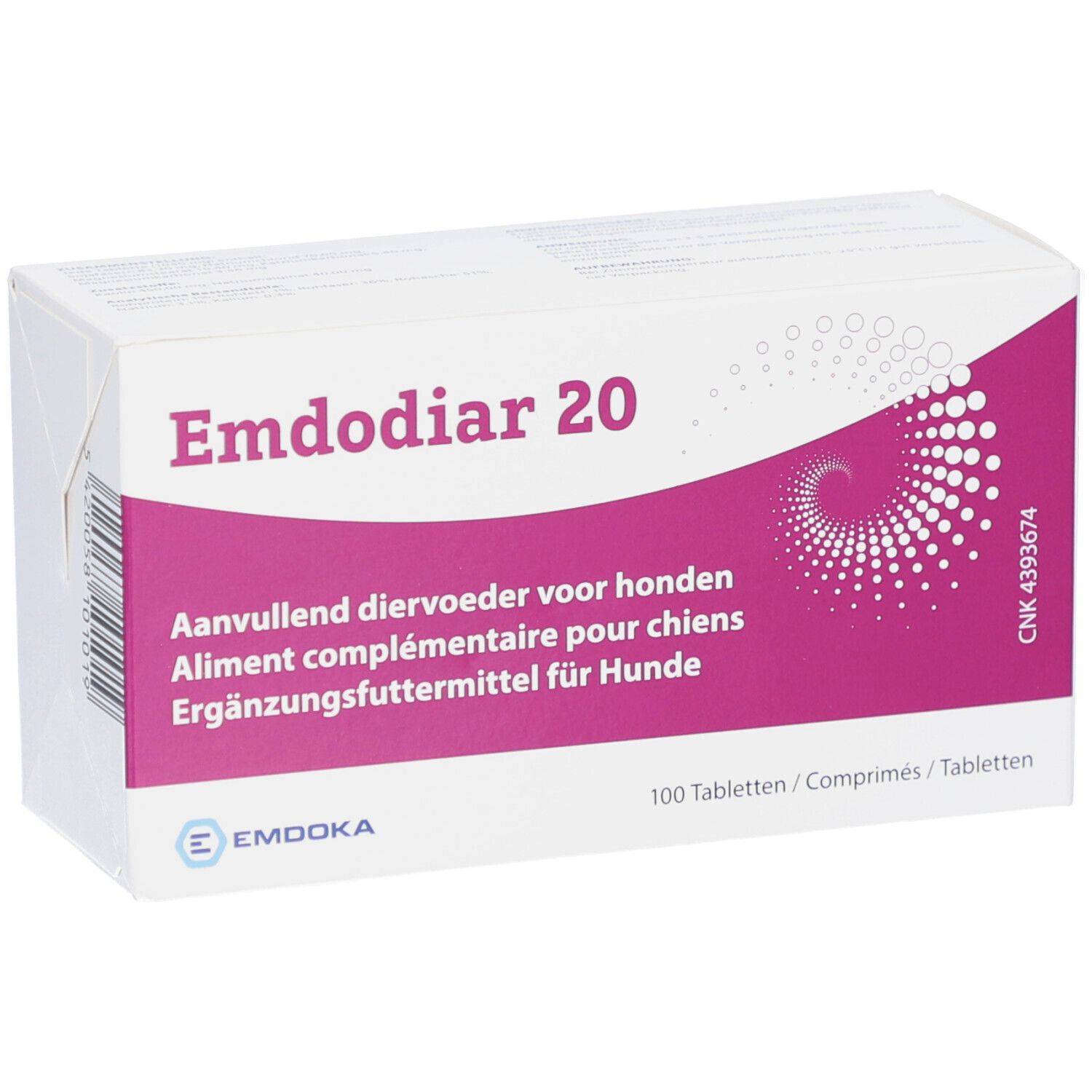 Weiße rechteckige Verpackung mit lila Akzent. Aufschrift: Emdodiar 20. Ergänzungsfuttermittel für Hunde. 100 Tabletten.