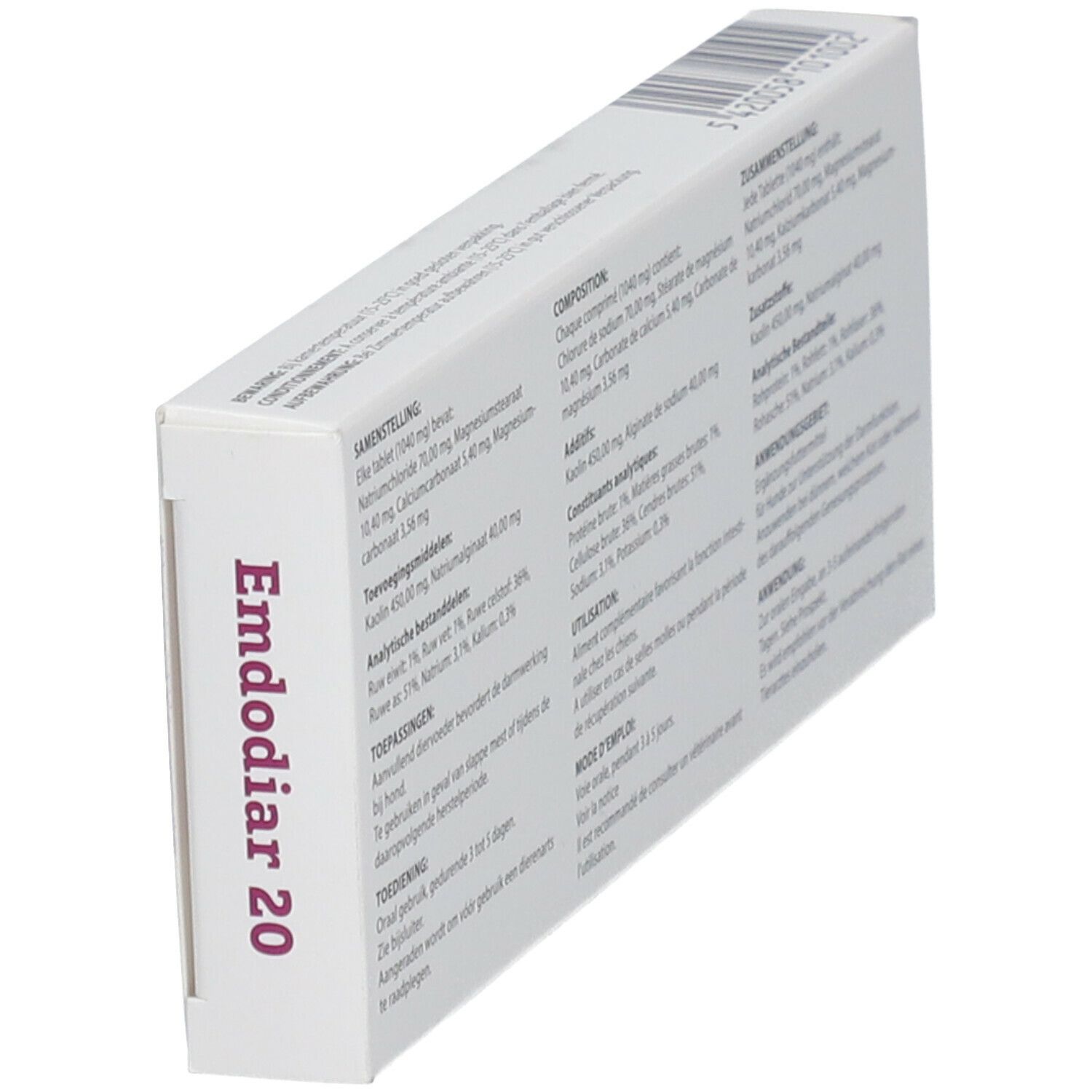 Vue oblique du dos de la boîte "Emdodiar 20". Texte multilingue.