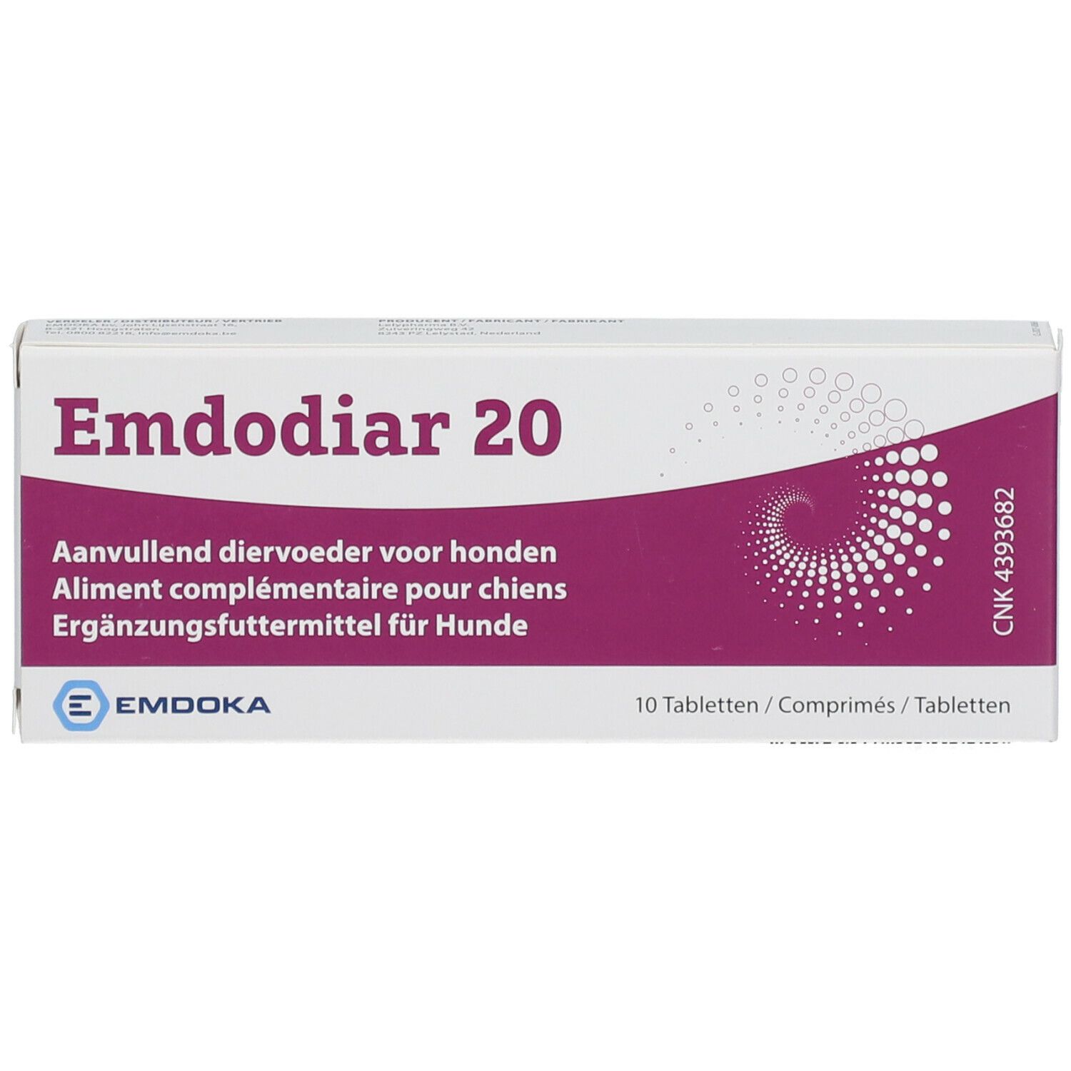 Boîte "Emdodiar 20". Accent violet. Texte multilingue. 10 comprimés.