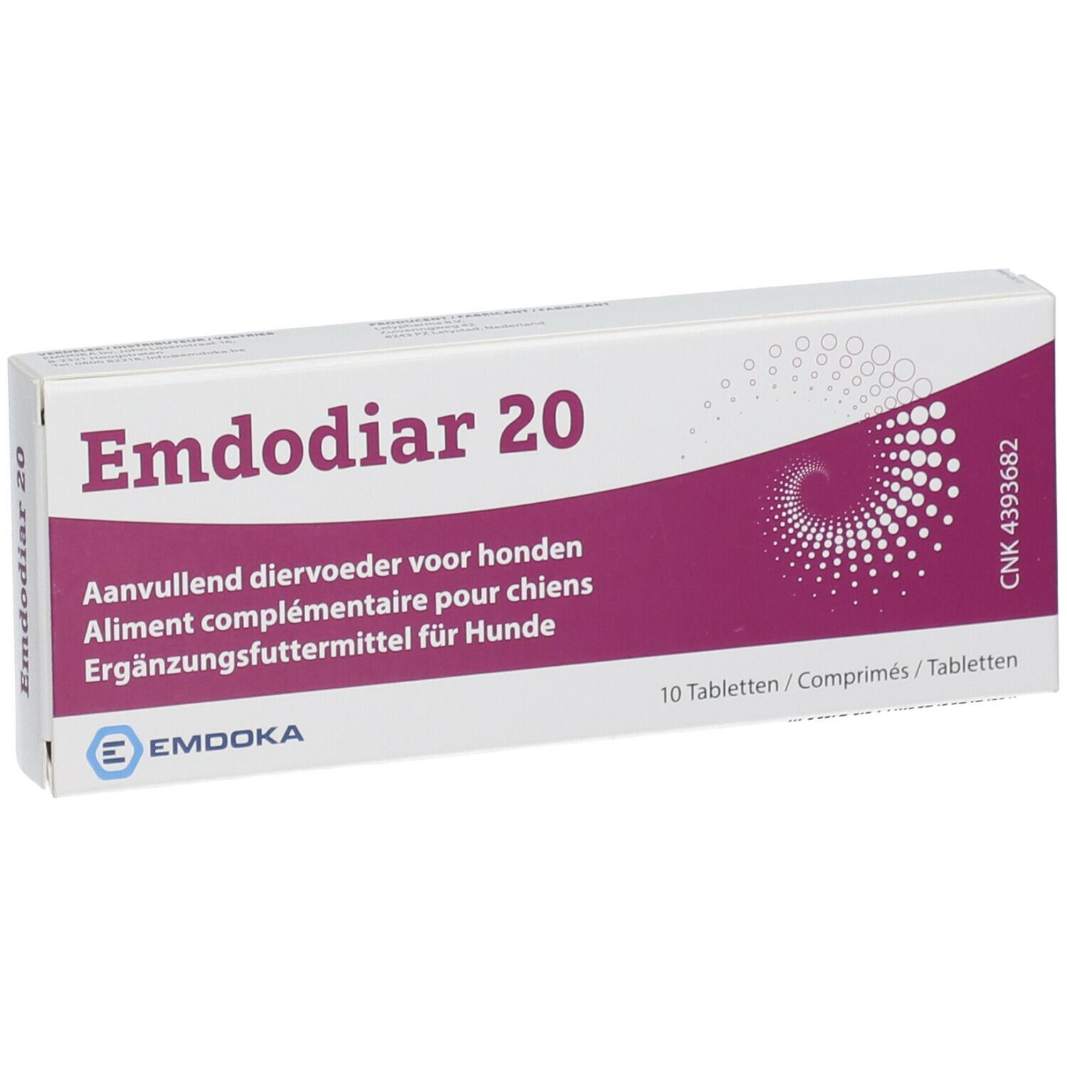 Boîte "Emdodiar 20". Accent violet. Texte multilingue. 10 comprimés.