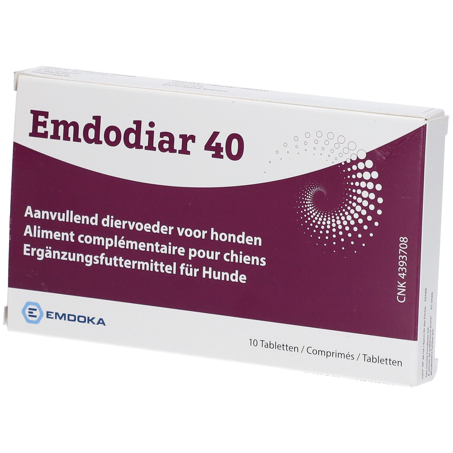 Verpackung von EMDOKA Emdodiar 40. Weißer Karton mit lila Akzenten und Produktbezeichnung. Enthält 10 Tabletten.