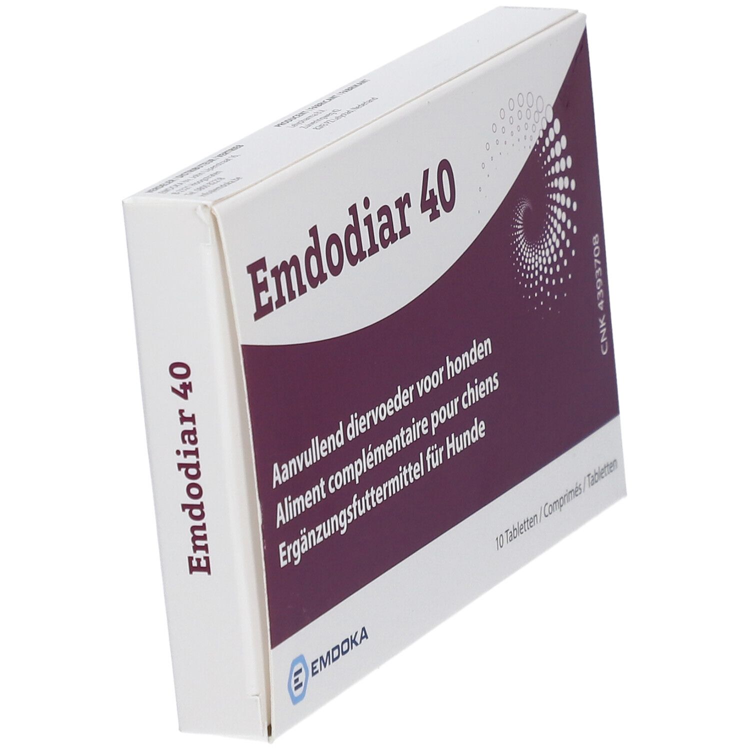 Schrägansicht der Verpackung von EMDOKA Emdodiar 40. Weißer Karton mit lila Akzenten und Produktbezeichnung.