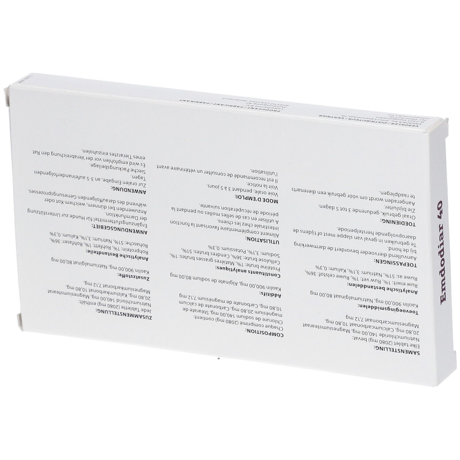 Rückseite der Verpackung von EMDOKA Emdodiar 40. Enthält Informationen zu Inhaltsstoffen und Anwendung.