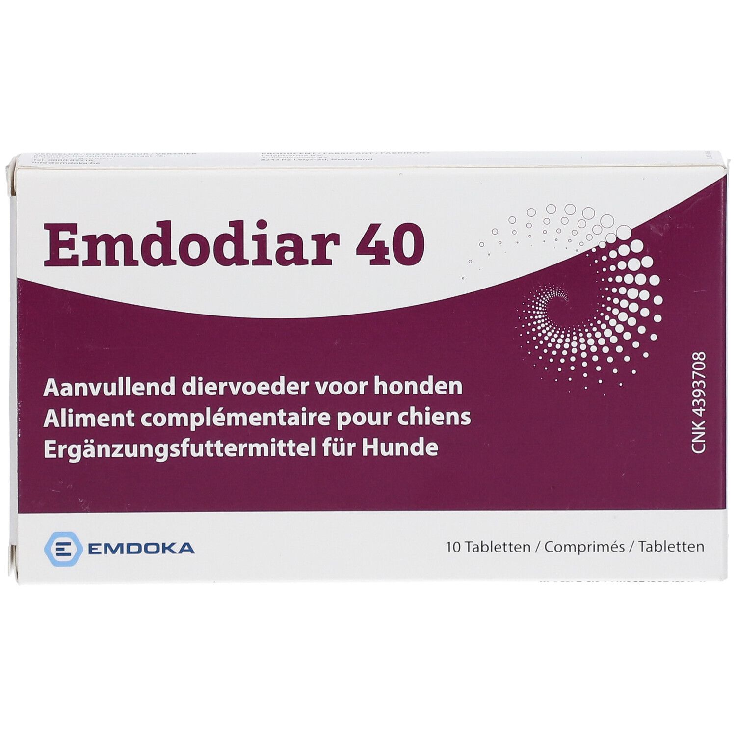 Verpackung von EMDOKA Emdodiar 40. Weißer Karton mit lila Akzenten und Produktbezeichnung. 10 Tabletten.