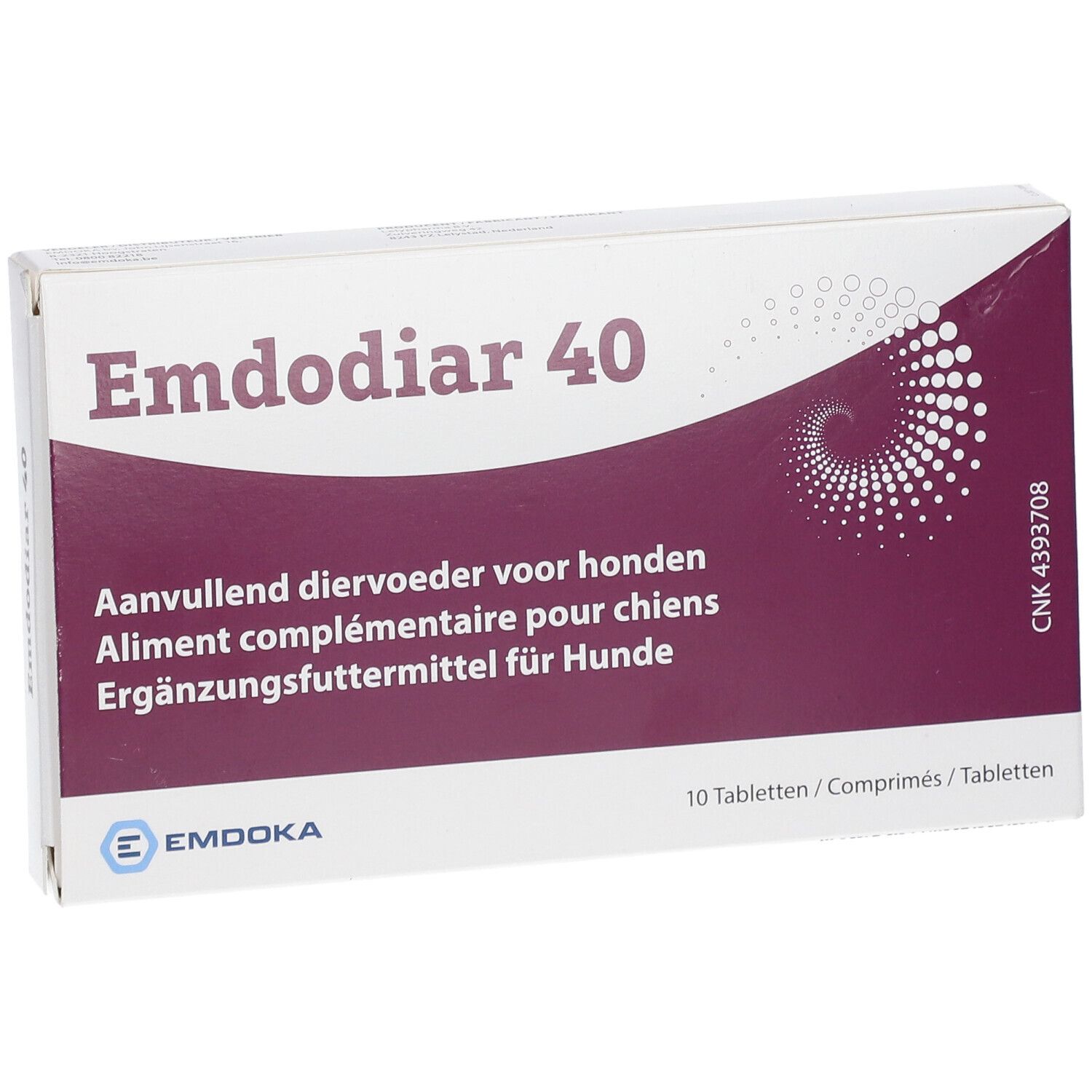 Verpackung von EMDOKA Emdodiar 40. Weißer Karton mit lila Akzenten und Produktbezeichnung. 10 Tabletten.