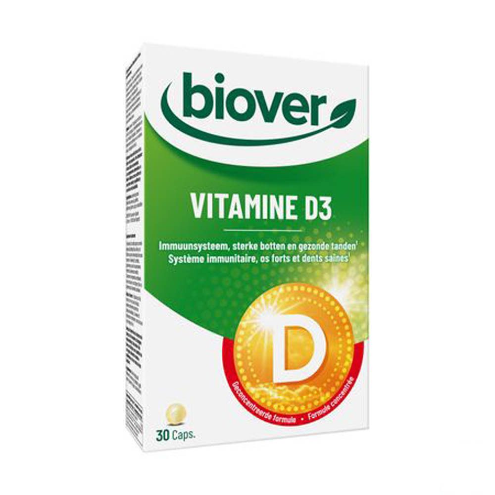 Boîte de Biover Vitamine D3. Blanche, verte et jaune. Contient 30 capsules. Texte: Vitamine D3, système immunitaire, os solides et dents saines.