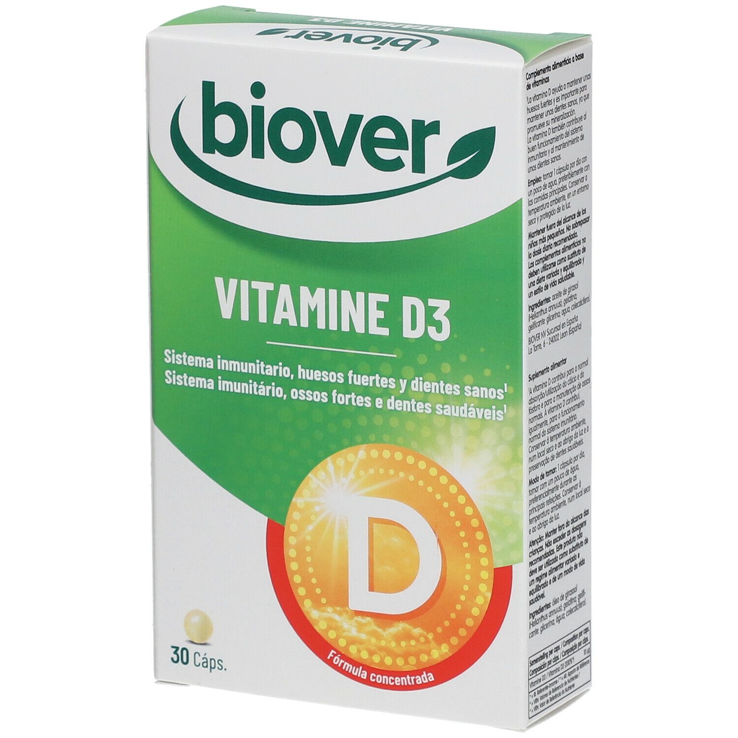 Boîte de Biover Vitamine D3. Blanche, verte et jaune. Contient 30 capsules. Texte: Vitamine D3, système immunitaire, os solides et dents saines.