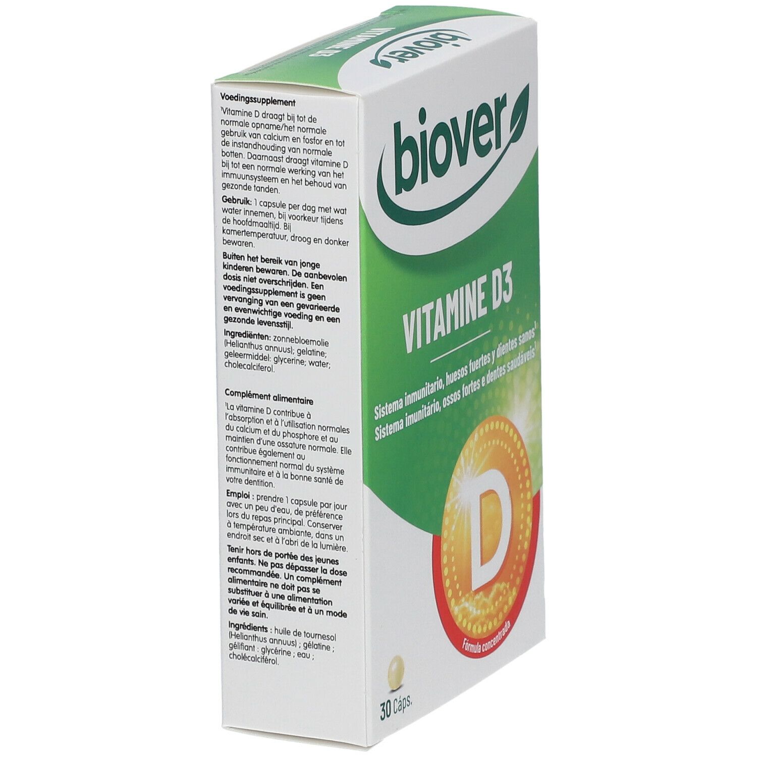 Boîte de Biover Vitamine D3. Blanche, verte et jaune. Contient 30 capsules. Texte: Vitamine D3, système immunitaire, os solides et dents saines.