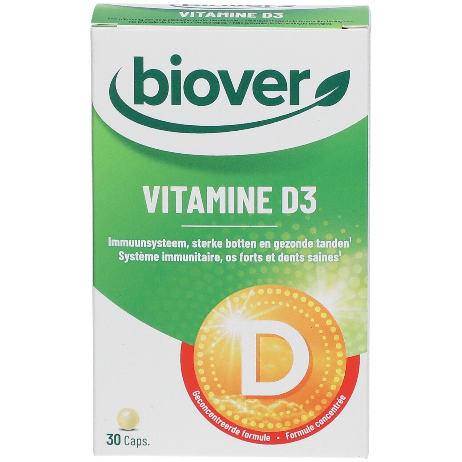Boîte de Biover Vitamine D3. Blanche, verte et jaune. Contient 30 capsules. Texte: Vitamine D3, système immunitaire, os solides et dents saines.