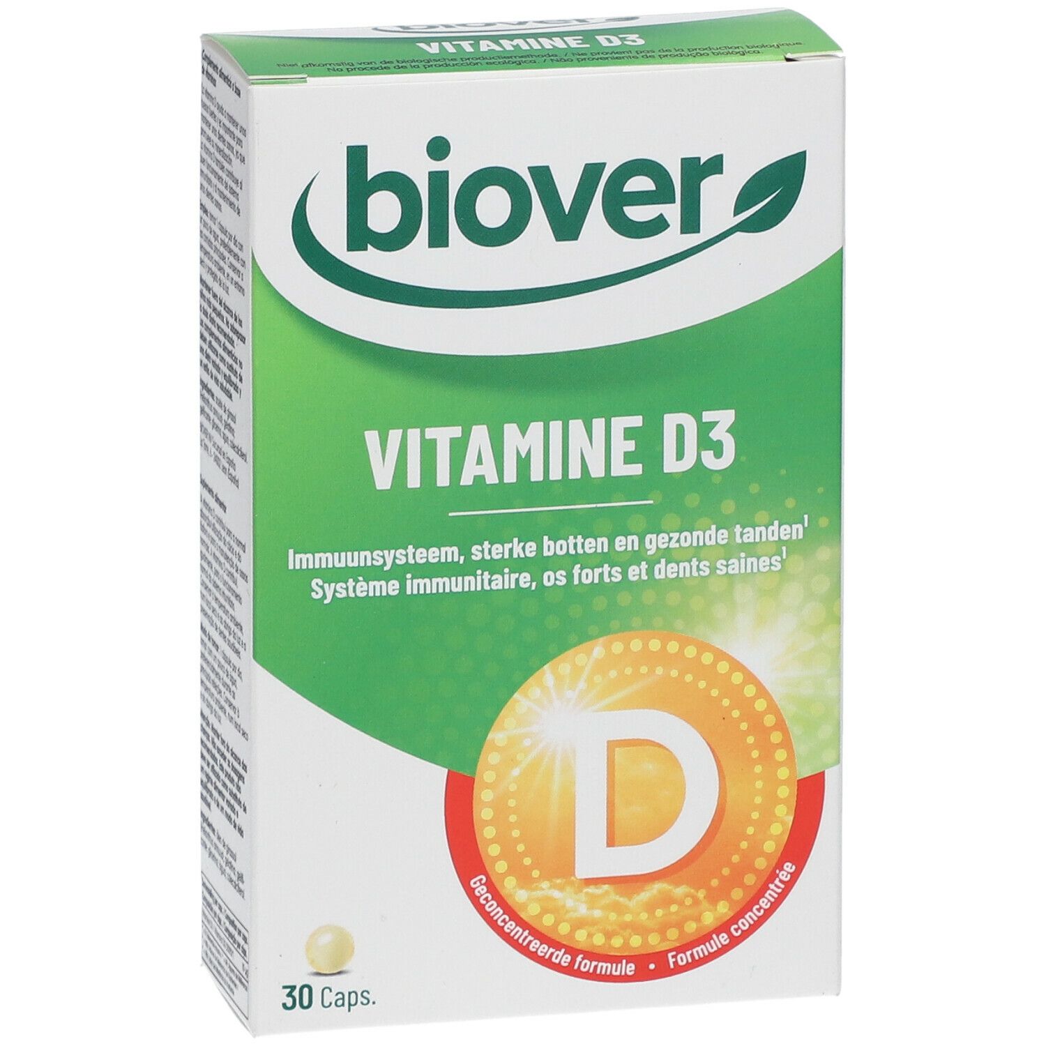 Boîte de Biover Vitamine D3. Blanche, verte et jaune. Contient 30 capsules. Texte: Vitamine D3, système immunitaire, os solides et dents saines.