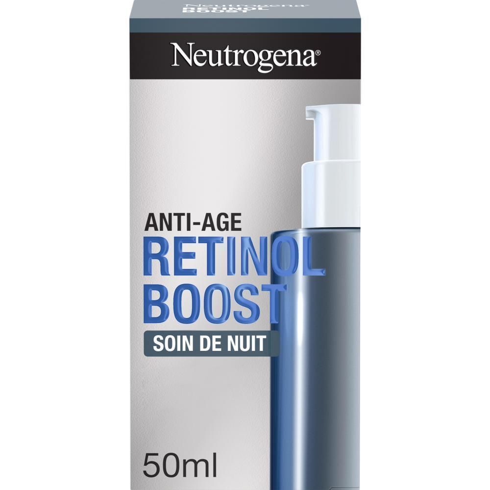 Neutrogena Retinol Boost crème de nuit et emballage. Produit et emballage côte à côte. Texte et marque visibles.