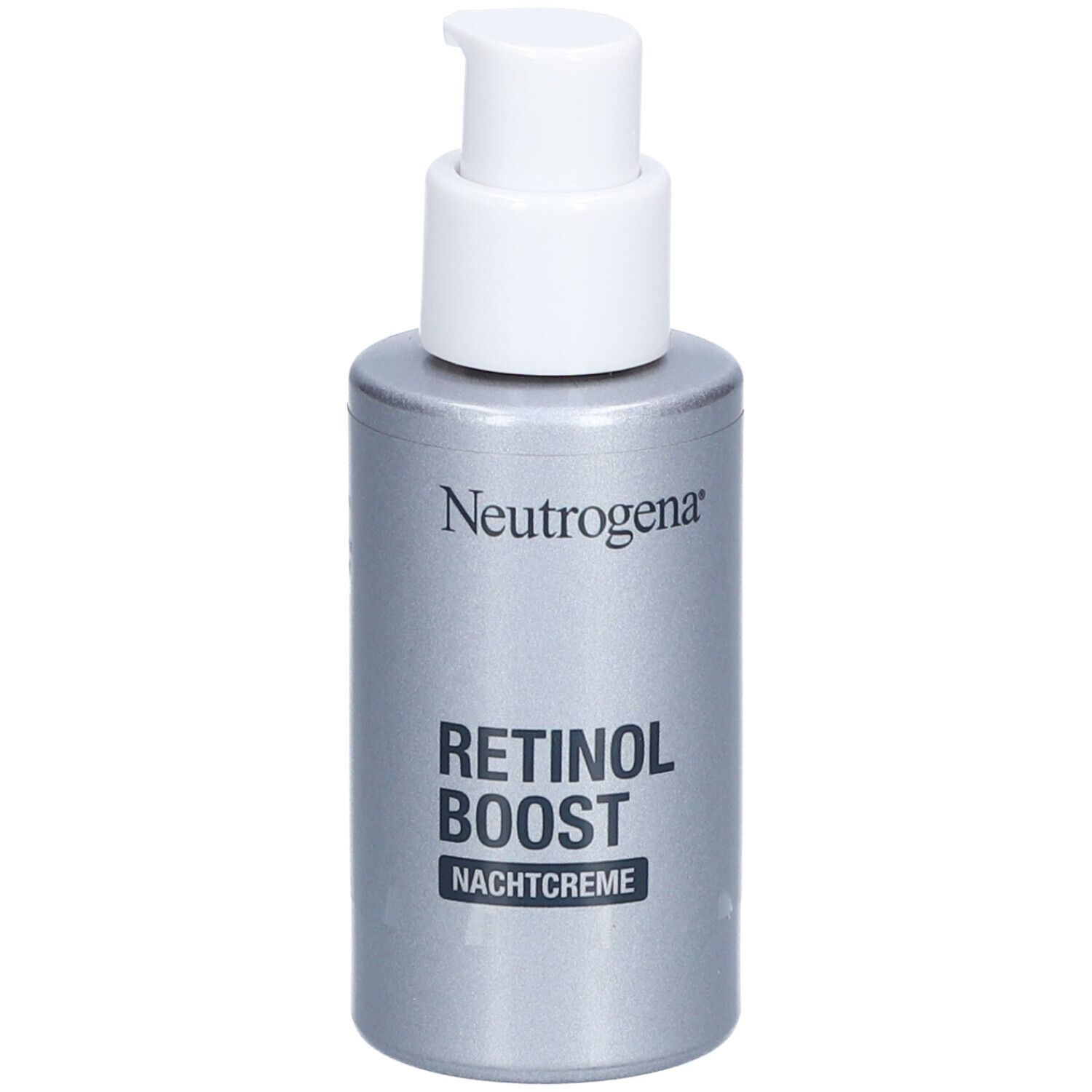 Neutrogena Retinol Boost Nachtcreme. Silberne Flasche mit weißem Pumpkopf. Produktname und Marke deutlich sichtbar.