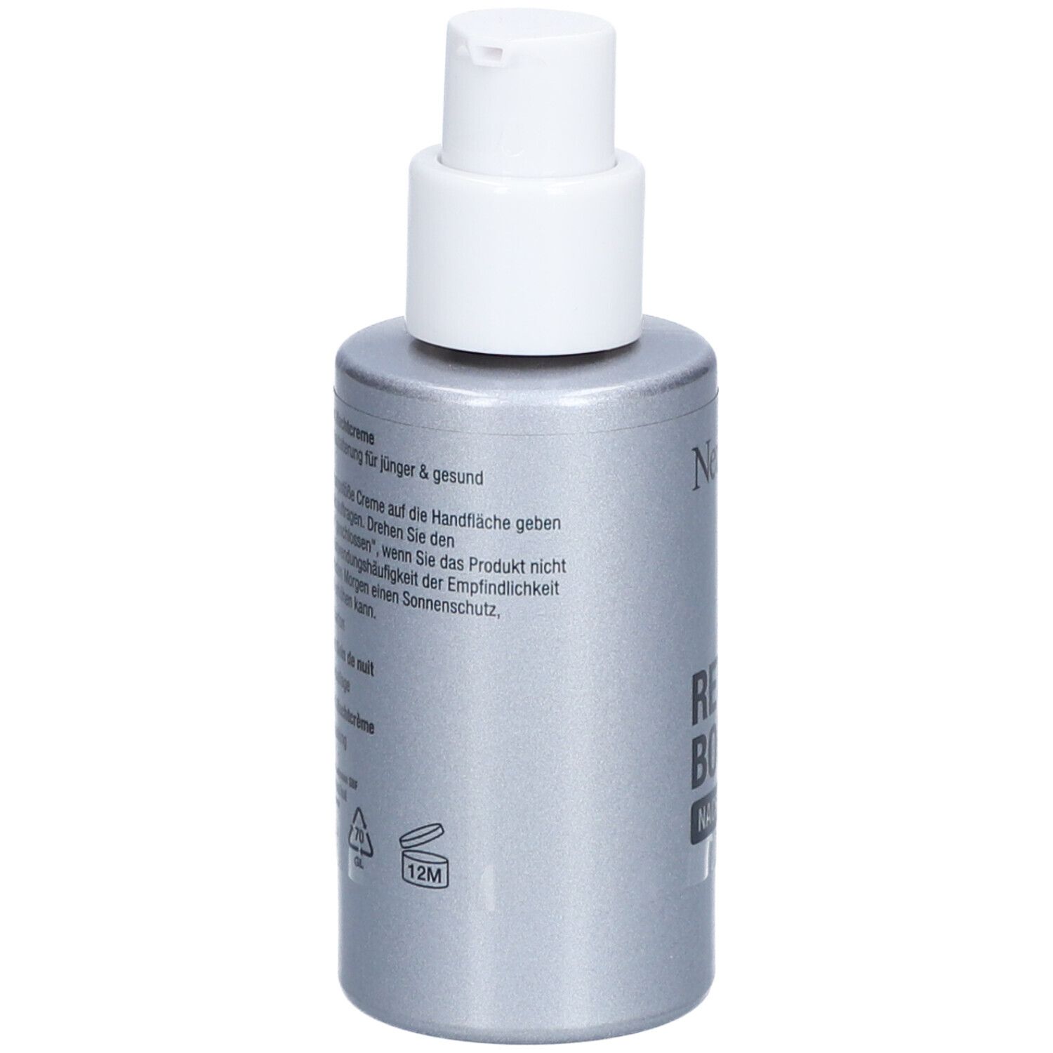 Rückseite der Neutrogena Retinol Boost Nachtcreme. Textinformationen und Warnhinweise auf silbernem Hintergrund.