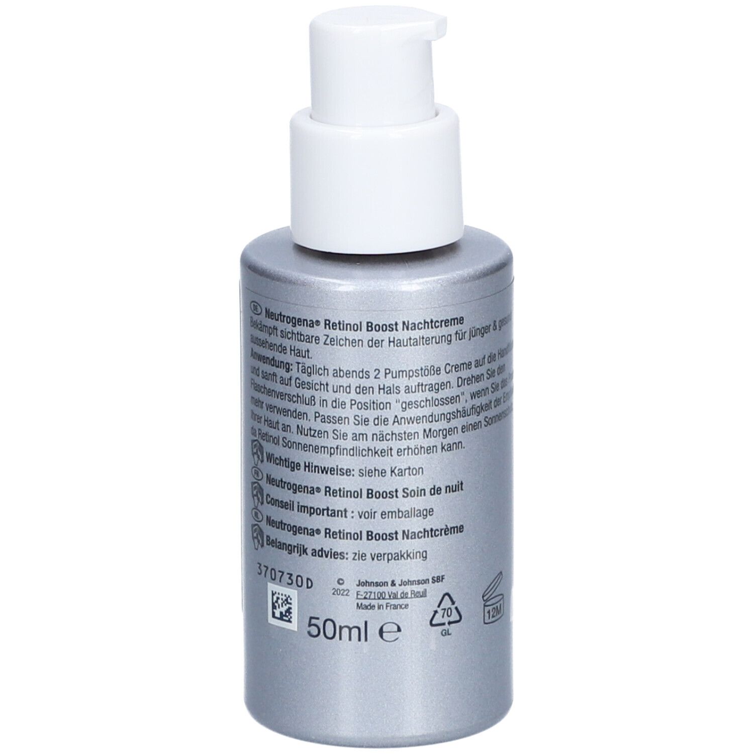 Rückseite der Neutrogena Retinol Boost Nachtcreme. Text, 50ml, und Warnhinweise auf silbernem Hintergrund.