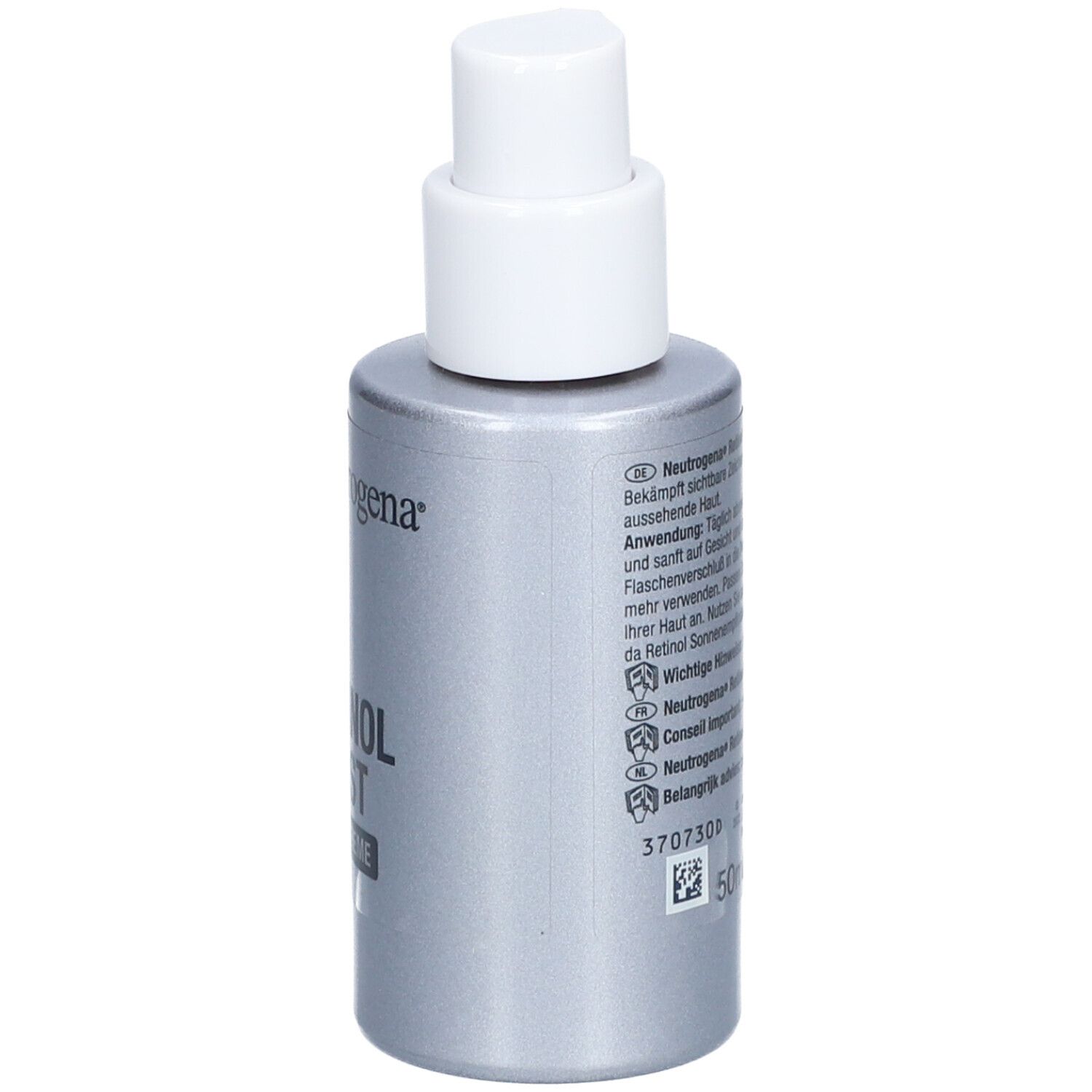 Neutrogena Retinol Boost Nachtcreme. Silberne Flasche mit weißem Pumpkopf. Produktname und Marke deutlich sichtbar.