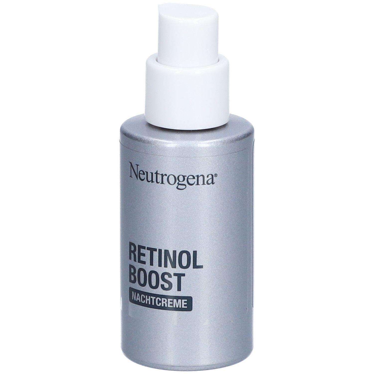 Neutrogena Retinol Boost Nachtcreme. Silberne Flasche mit weißem Pumpkopf. Produktname und Marke deutlich sichtbar.