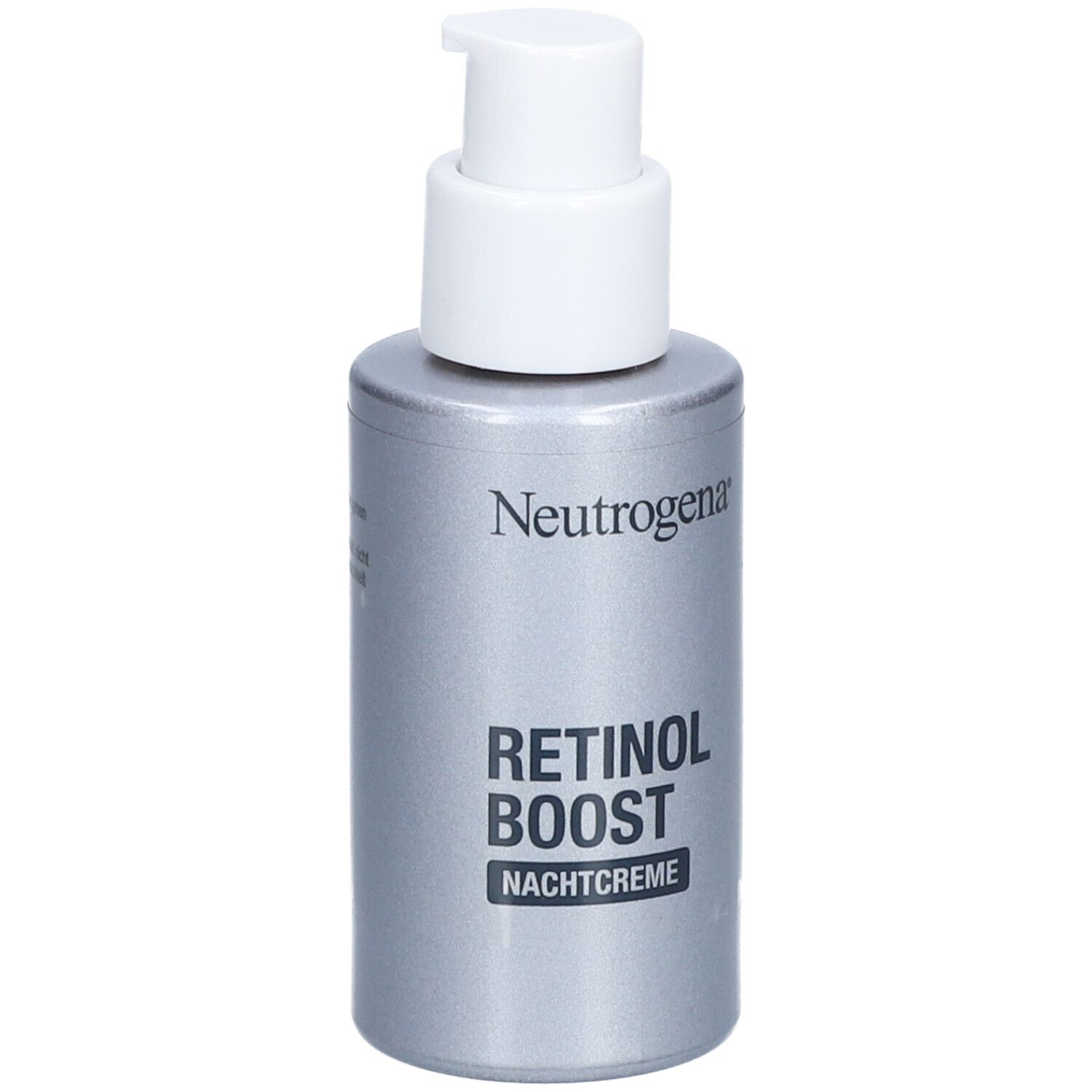 Neutrogena Retinol Boost Nachtcreme. Silberne Flasche mit weißem Pumpkopf. Produktname und Marke deutlich sichtbar.