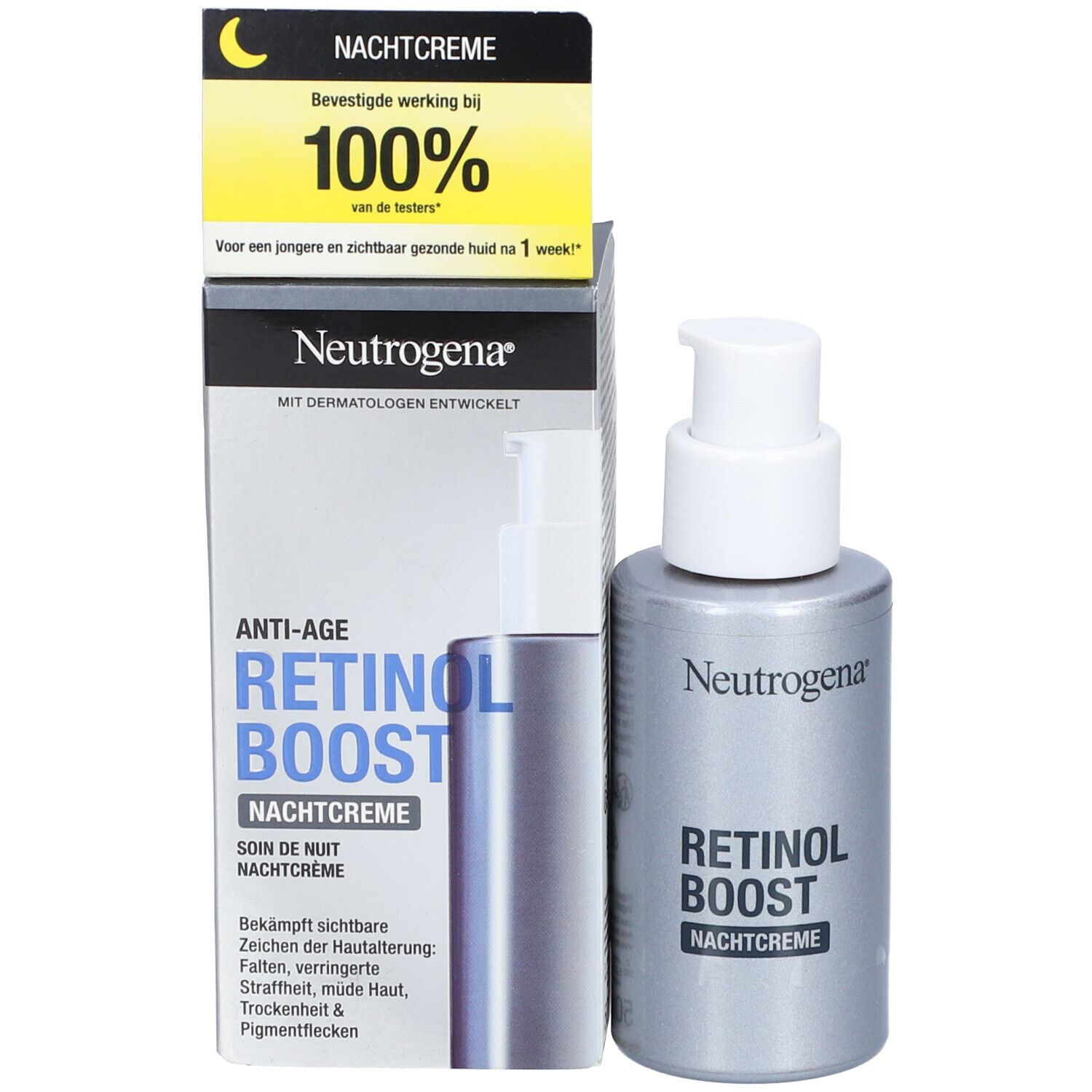 Neutrogena Retinol Boost Nachtcreme und Verpackung. Produkt und Verpackung nebeneinander. Text und Marke sichtbar.