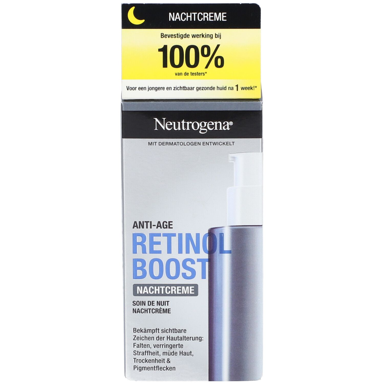 Neutrogena Retinol Boost Nachtcreme und Verpackung. Produkt und Verpackung nebeneinander. Text und Marke sichtbar.