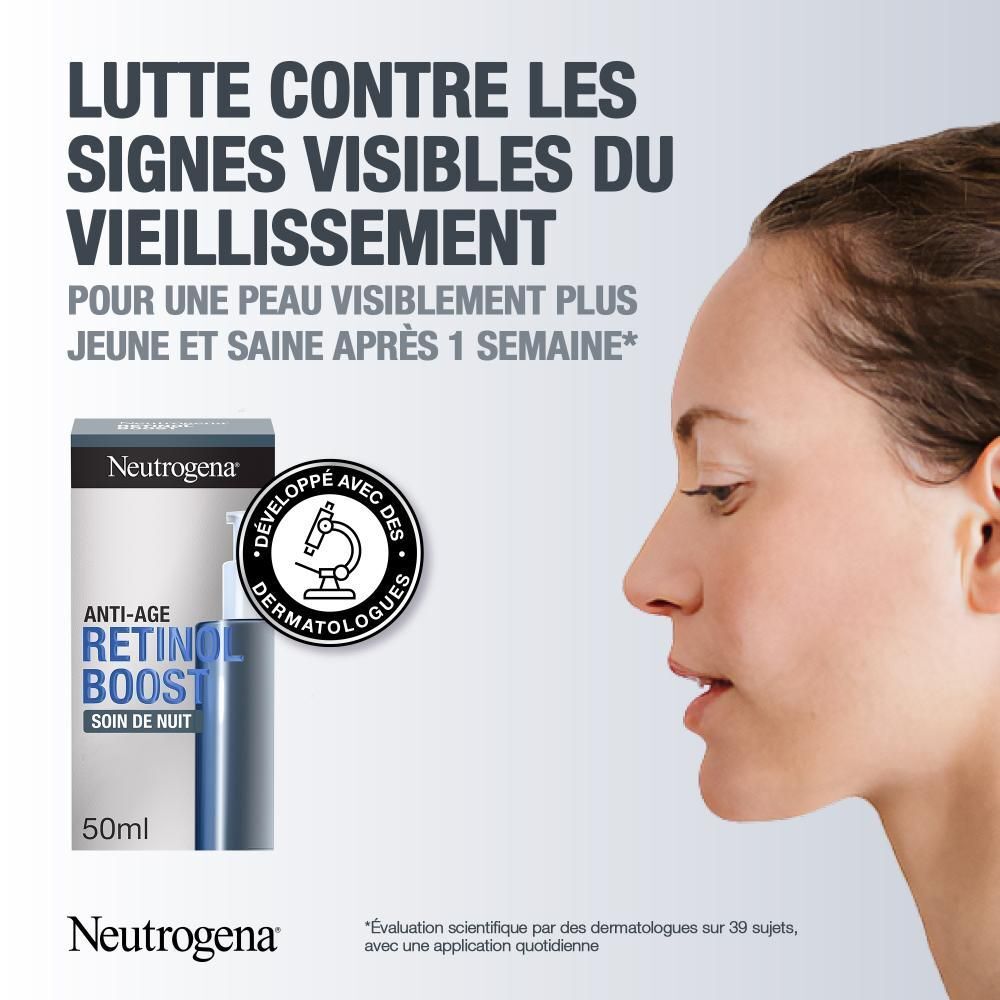 Visage de femme de profil. Produit et emballage Neutrogena Retinol Boost en arrière-plan. Texte et marque visibles.