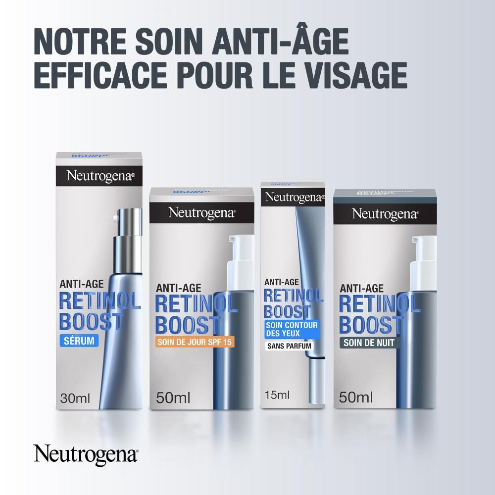 Différents produits Neutrogena Retinol Boost. 4 produits côte à côte. Marque et texte visibles.