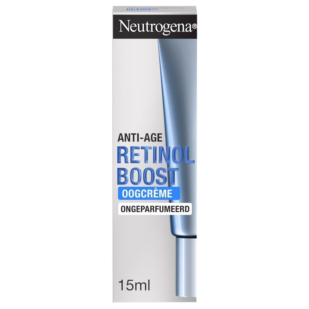 Afbeelding: huid onder het oog met blauwe lijnen. Tekst over huidverbetering en merk Neutrogena.